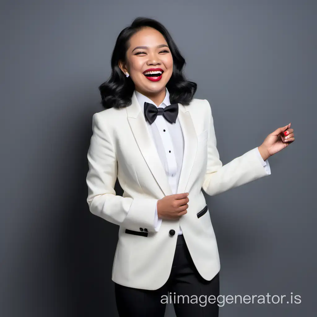 smilng and laughing filipino woman with shoulder length hair and lipstick wearing an ivory tuxedo with a white shirt and a black bow tie and black pants