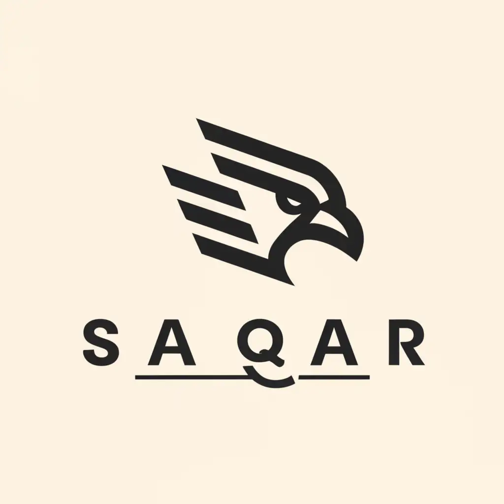 a logo design,with the text "Saqar", main symbol:A sleek and minimalist illustration of a falcon with a black logo. The falcon's body is facing forward, and its head is slightly turned to the right. Its wings are positioned down by its body, creating a sense of fierce intensity. The overall design is geometric, with sharp angles and clean lines. The falcon's image is simple yet striking, conveying strength and power., illustration,Moderate,clear background