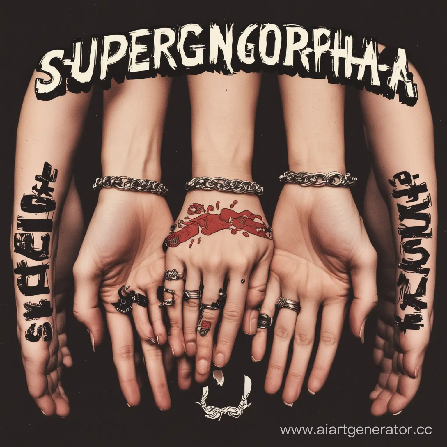 Обложка для панк-группы под названием "Supergonorrhea", где четыре человека держаться за руки
