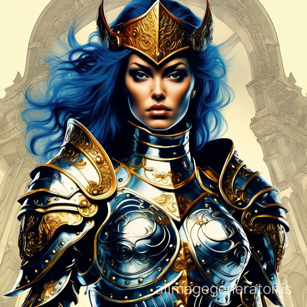 Imagine picture of beautiful girl dressed ornated armor in the style of Julie Bell. masterpiece, best quality, High contrast, colorful, stark, dramatic, detailed background, high quality, by Julie Bell,