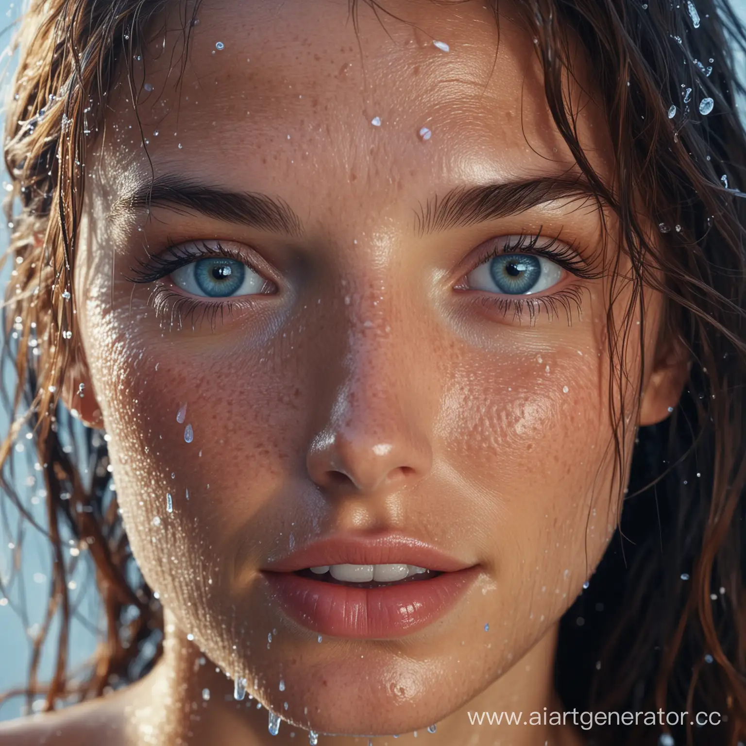 Extreme close-up photorealistic portrait of mesmerizing young happy woman, looked at you, gorgeous wet hair, and face covering water drips and ice particles, bright blue eyes, natural skin, covered with freckles, digital art, back lighting, volumetric light, 35mm lens, DSLR camera