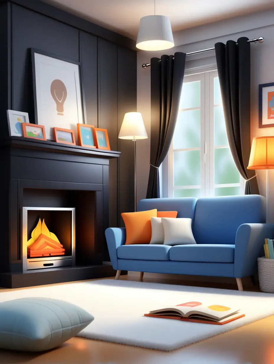 ai generating photo of Cozy living room with blue couch, fireplace, wood  beams, and large windows.