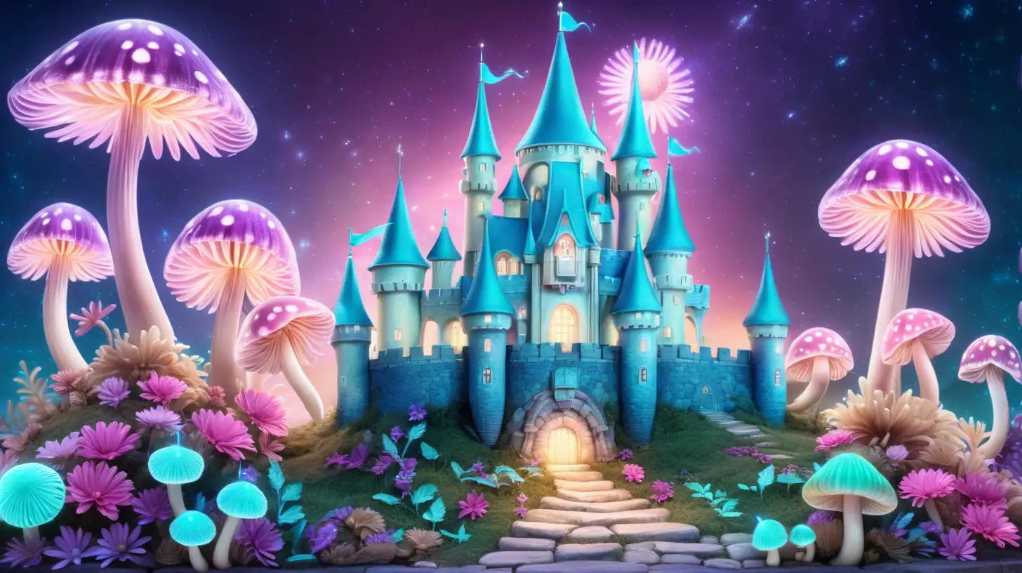 Enchanted Forest Luminous Chrysanthemums and Mushrooms Surrounding a Fairytale Seashell Castle in Vibrant Colors