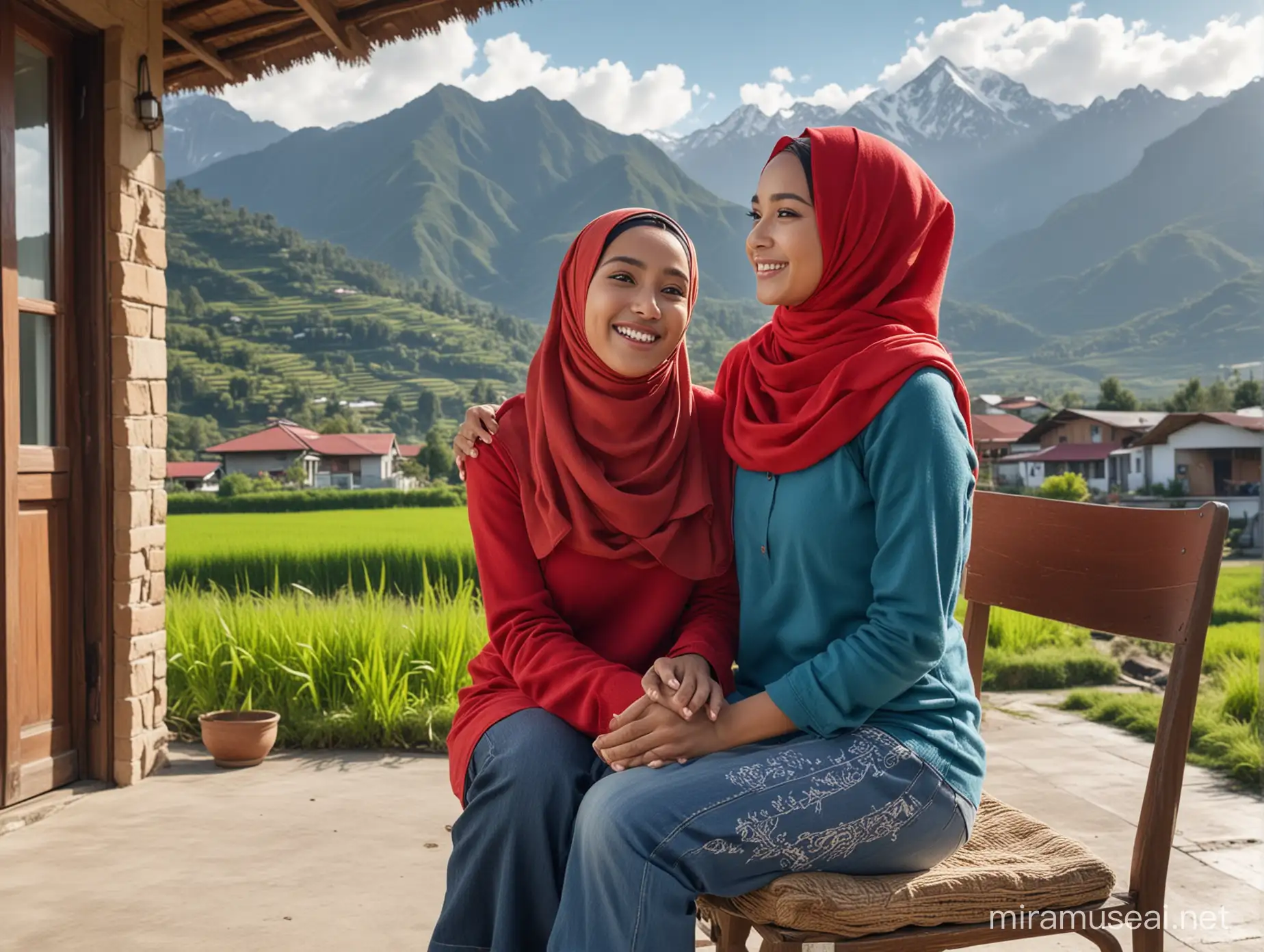 Happy Indonesian Muslim Woman in Red Sweater at Terrace with Mountain View