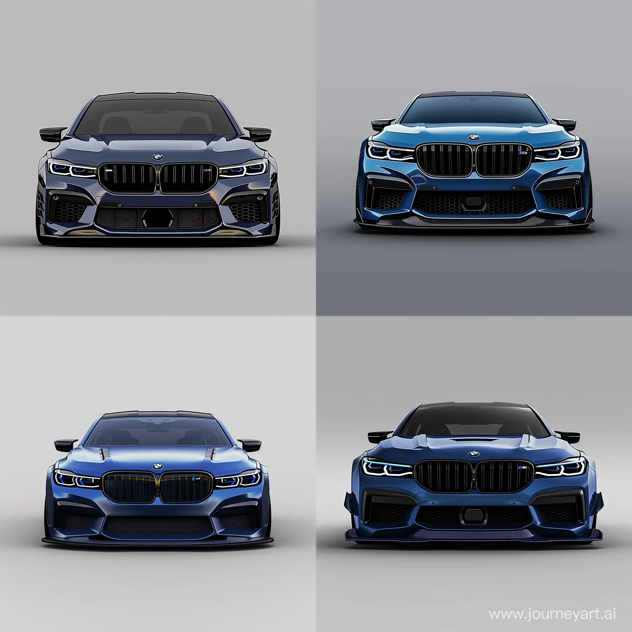 Minimalist 2D Front View Illustration, Blue Tuning BMW M7, Cool Customized Body Kit, Simple Gray Background, Affinity Designer Software, High Precision