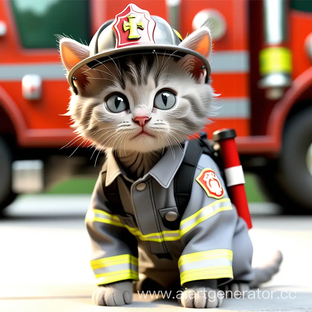 Adorable-Gray-Kitten-Dressed-as-a-Firefighter
