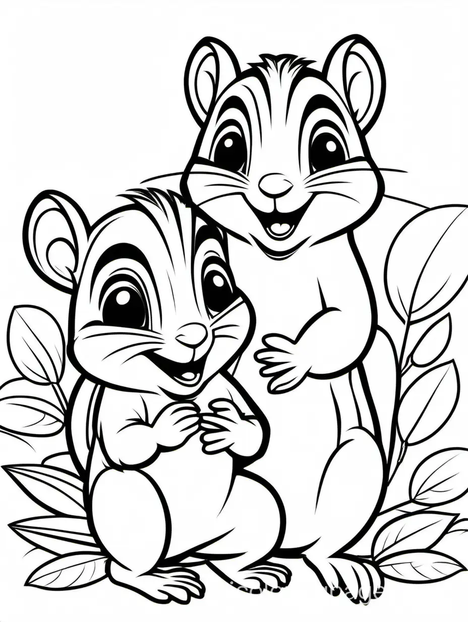 cute Chipmunk with his baby for kids  easy to coloring , Coloring Page, black and white, line art, white background, Simplicity, Ample White Space. The background of the coloring page is plain white to make it easy for young children to color within the lines. The outlines of all the subjects are easy to distinguish, making it simple for kids to color without too much difficulty