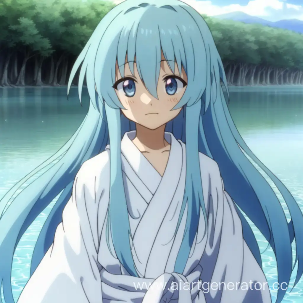 Anime style,anime screencap,detailed,boy,long hair,light blue hair,white robe,god,water,god of water,eyes squinting,relaxed expression,gentle smile,feminine-looking,standing,smiling,higurashi first season,best quality.