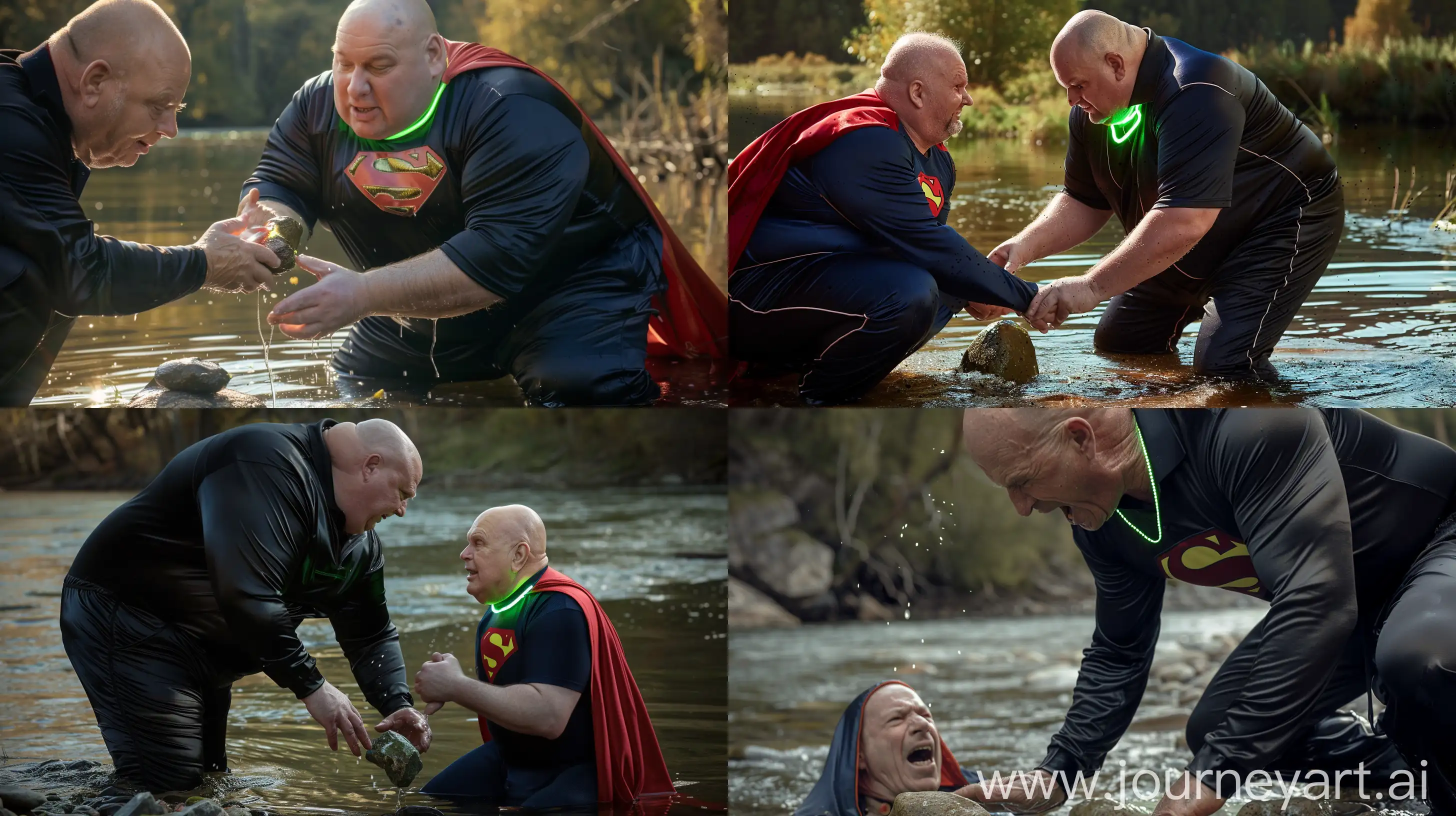 Close-up photo of a fat muscular man aged 60 wearing silk black tracksuit pants and a black silk sport polo. He is bending and placing a small green glowing rock in front of the mouth of a fat man aged 60 wearing a silk navy blue complete superman tight uniform with a large red cape and a tight green glowing neon dog collar on the neck sitting in the water. River. Bald. Clean Shaven. Natural light. --style raw --ar 16:9