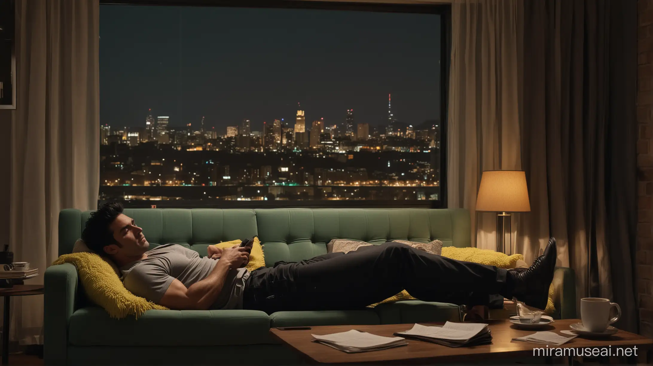 wide shot, dark, dimmly lit retro living room at night time, rugged looking muscly handsome man with black hair wearing trousers and shirt, fast asleep laying on midcentury sofa, with paper work on coffee table next to him, large window in background with neon city outside, relaxing, nighttime