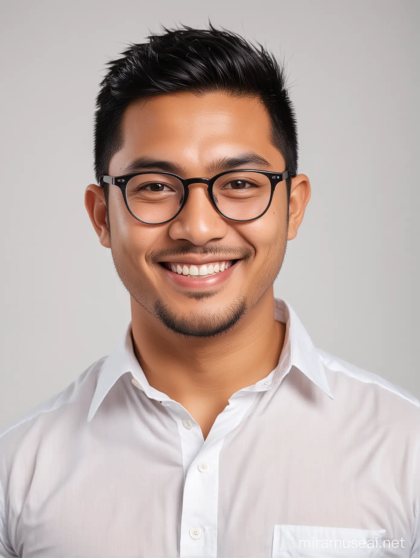Smiling Indonesian Man Passport Photo on Clean White Background