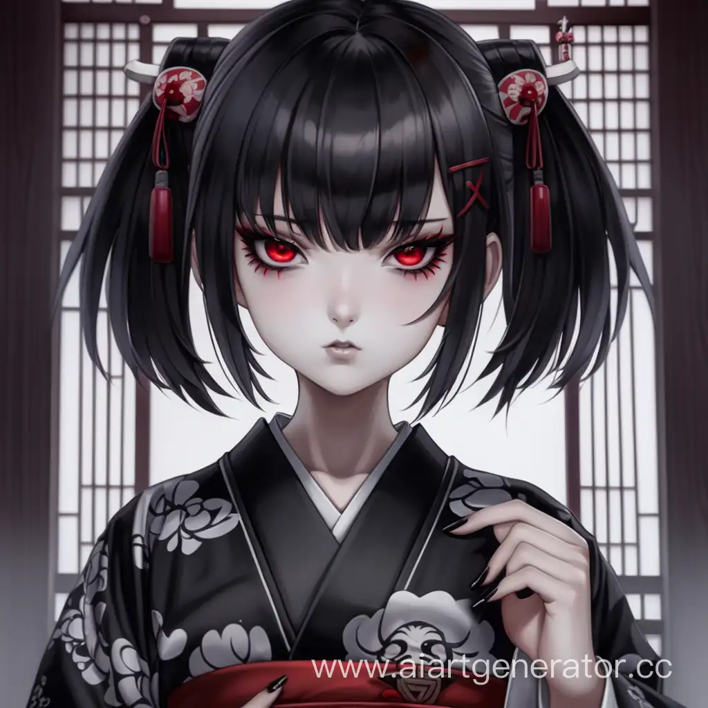 Dark loli, Dark short hair, Scarlet Eyes, Crazy Face, Malevolent shrine, long Black Nails, Long tattoo, White Kimono