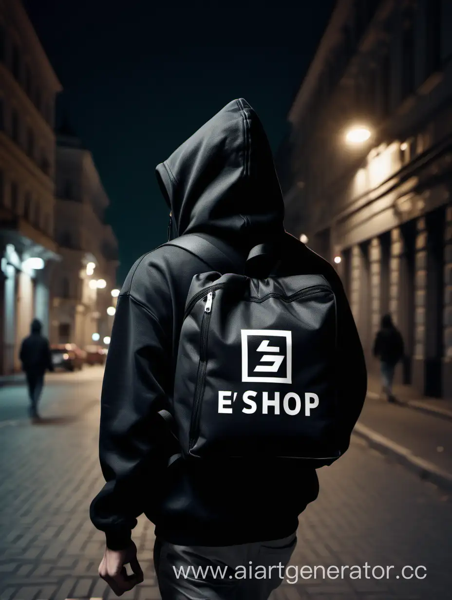 Доставщик еды, с квадратным черным тканевым рюкзаком с логотипом E.S.H.O.P. за спиной, в кофте с капюшоном идёт вперёд по летним ночным улицам в России. Реализм. Темные тона. Высокое разрешение.
