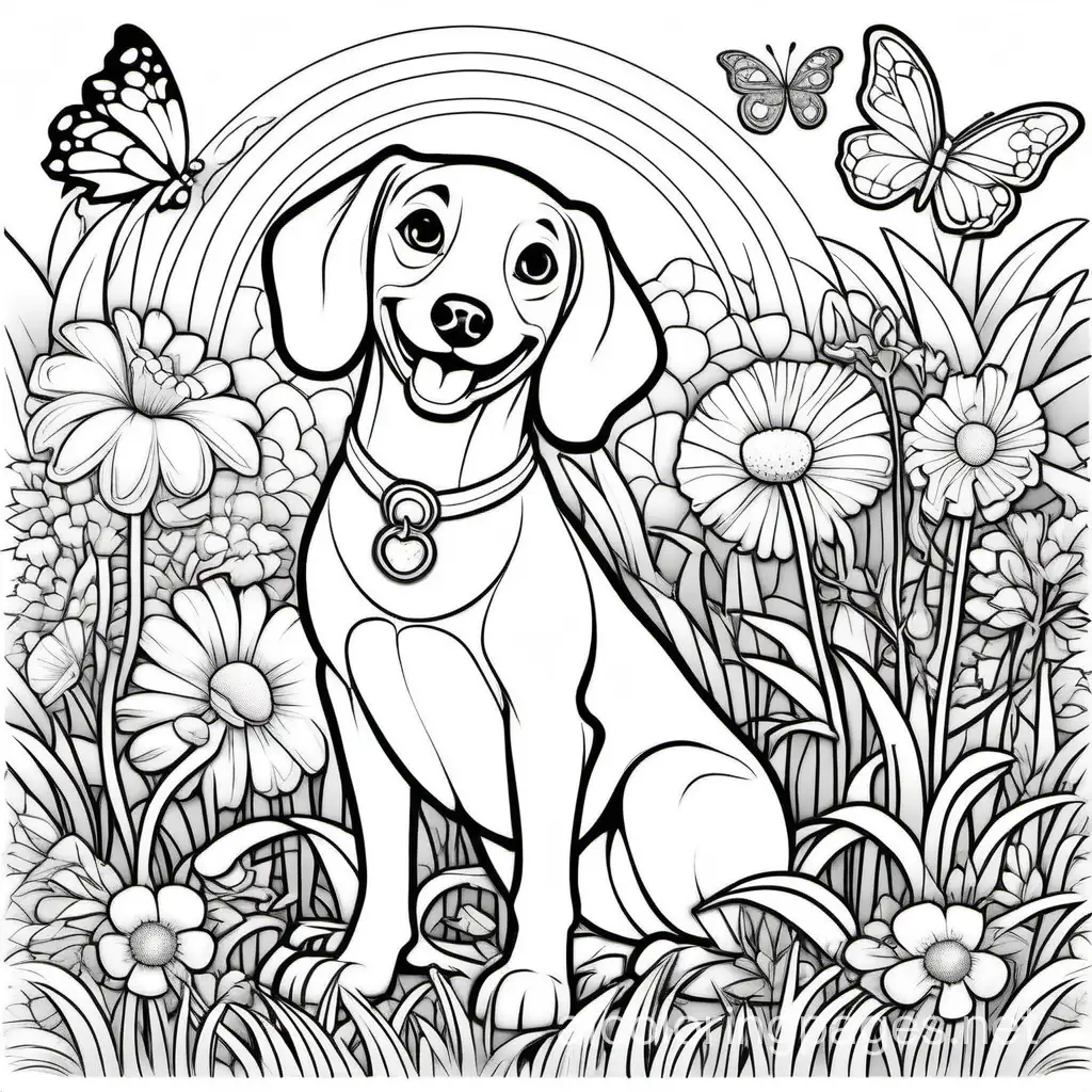 Cheerful-Dog-in-Vibrant-Garden-Fun-Coloring-Page-for-Kids