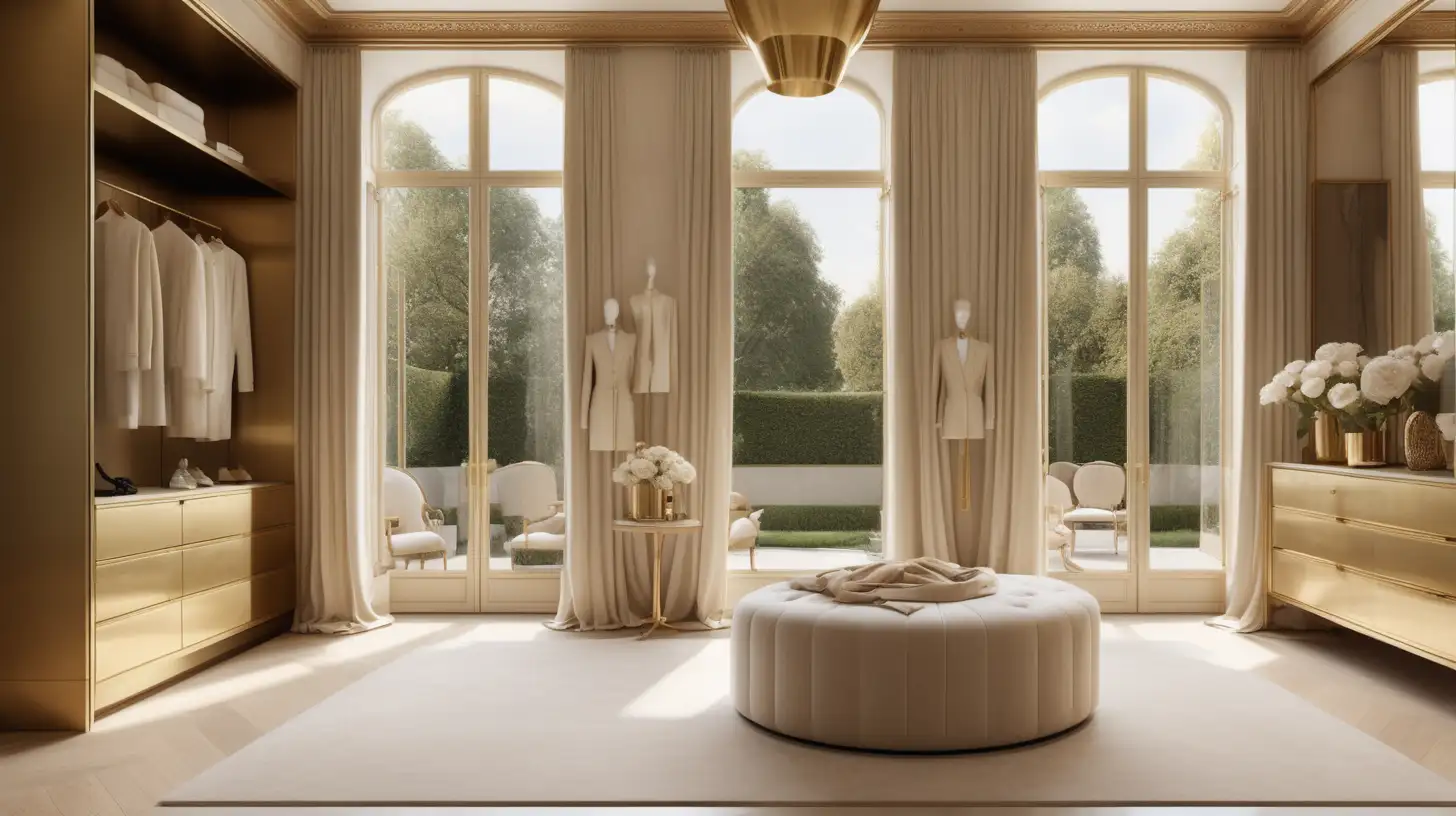 Hyperrealistic image of a modern Parisian estate home beauty and dressing room; brass pendants; floor to ceiling window with a view of the gardens;  beige, light oak, brass, ivory colour palette