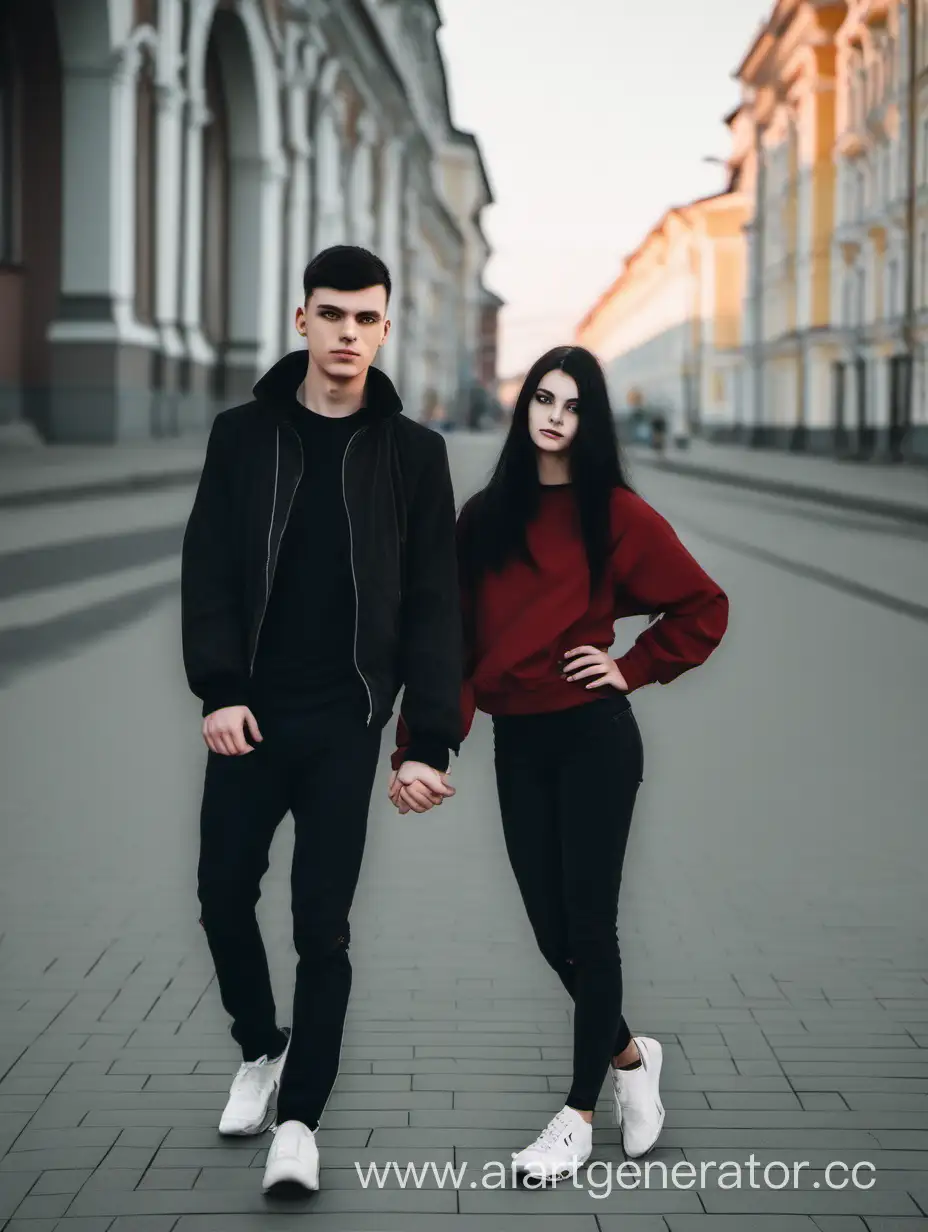 a guy and a girl siblings with black hair against the background of a Russian city