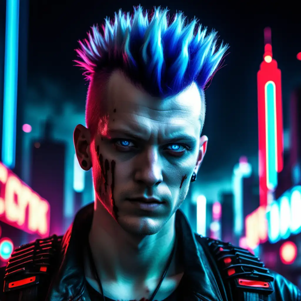 Cyberpunk Man with Blood Red Mohawk in Neon Cityscape