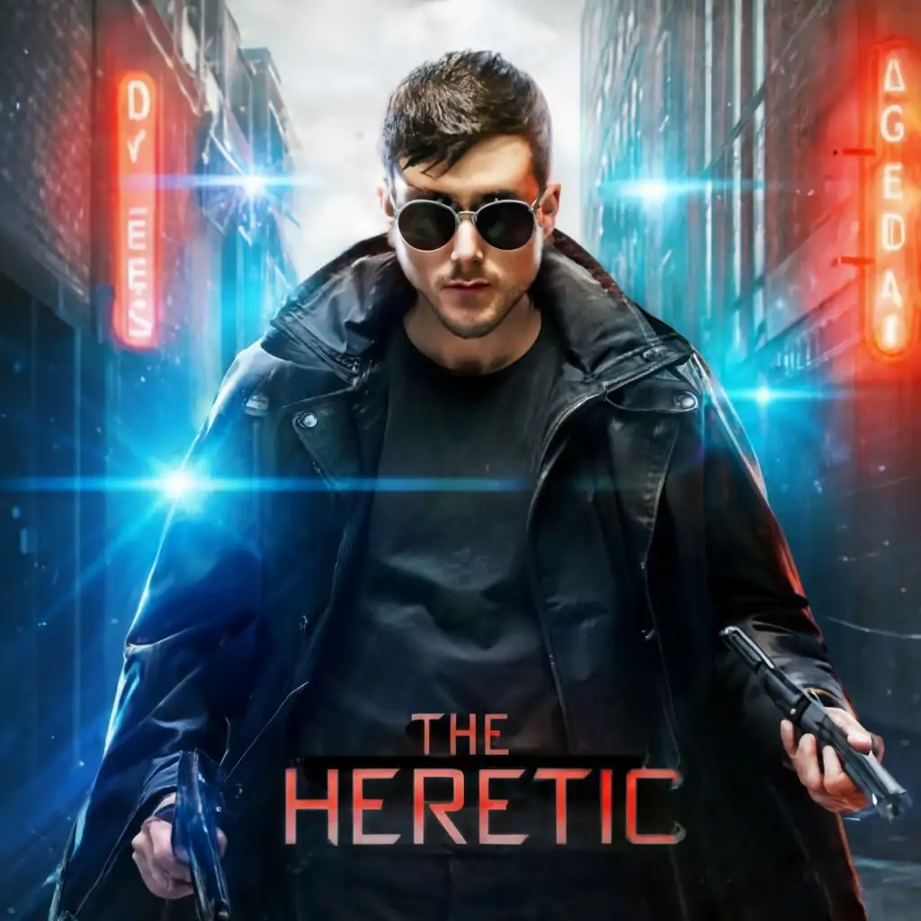 logo, A young man wearing black.a long rain coat dark rayban shades with colts in each hand and a knife in holster on his waist.noen blue lights a few red bricks on the ground  game character style , with the text "The heretic", typography, be used in Entertainment industry