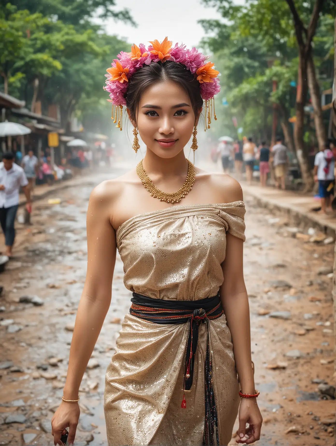 Thai Woman in Traditional Dress Walking on Stone Road During Songkran Festival