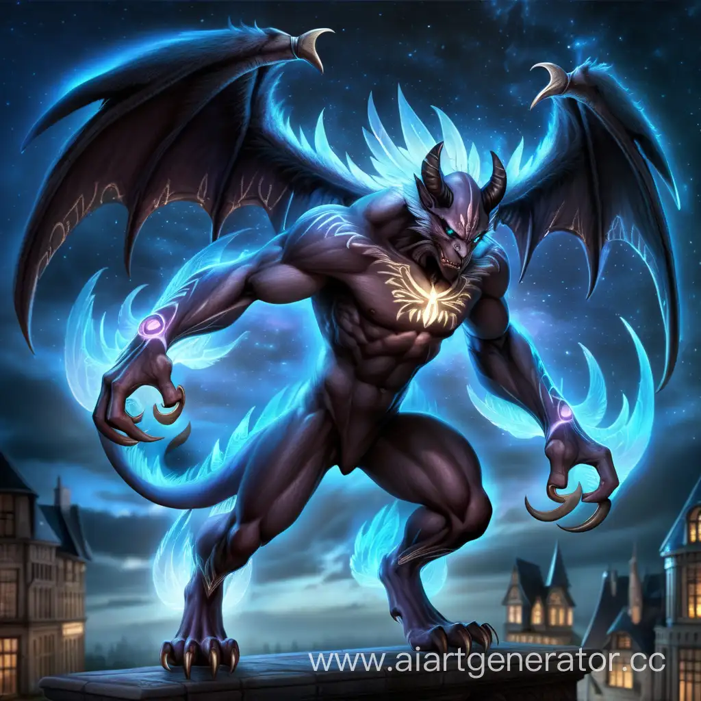 A soaring demon of the night with muscles, wings, glowing paws and control of the magic of the night
