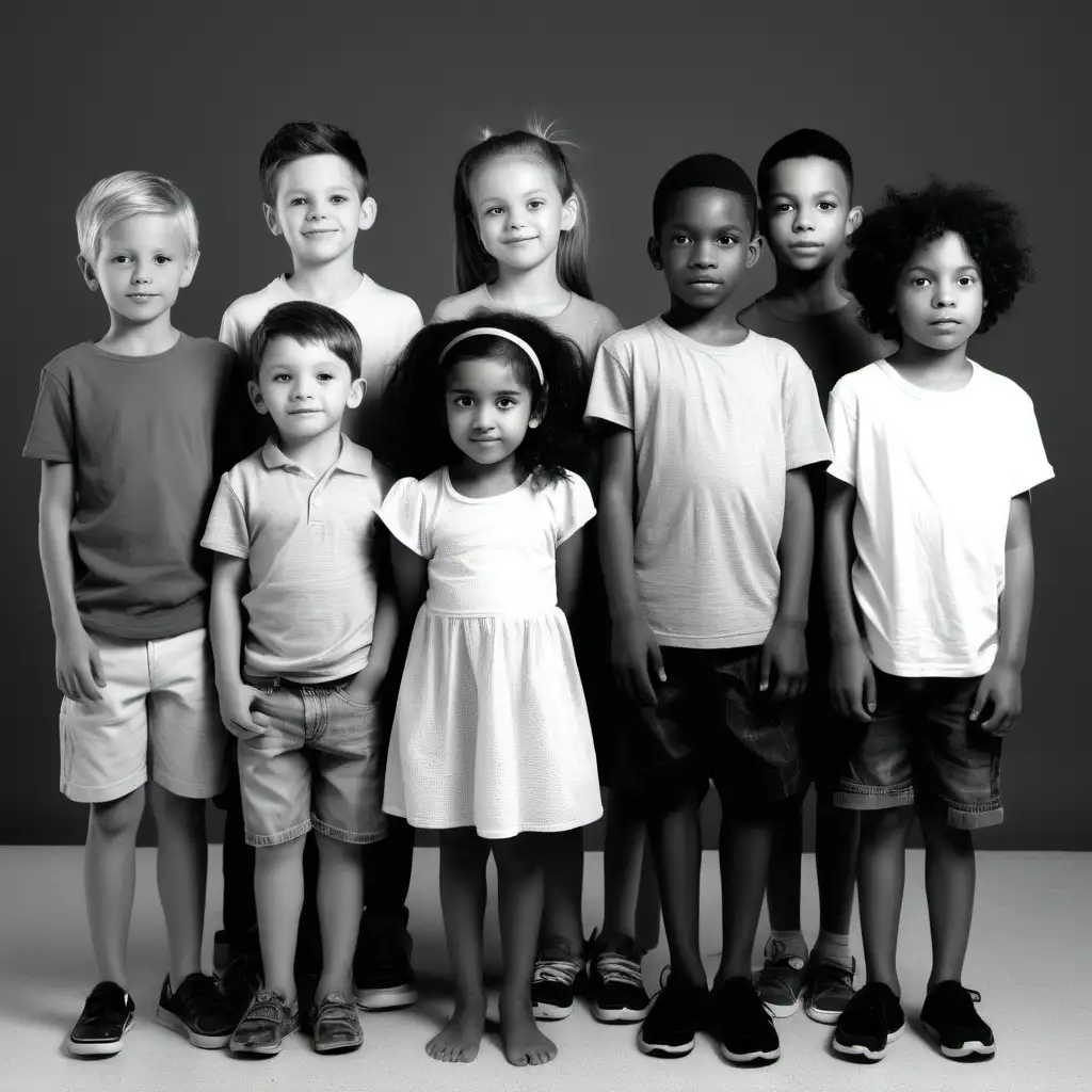 simple black and white picture of a small group of kids of different ages and different races