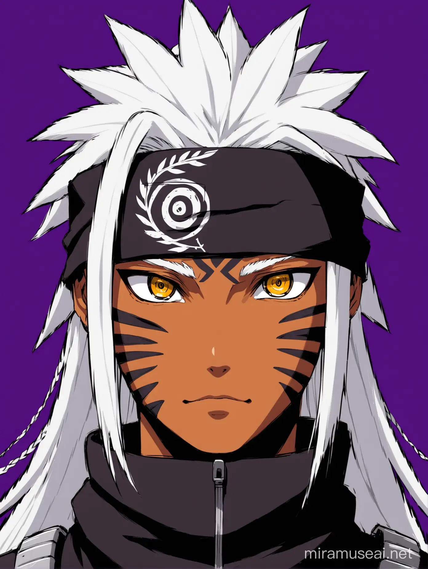 portrait of Melanesian Naruto, silver hair with hidden leaf bandanna, purple background

