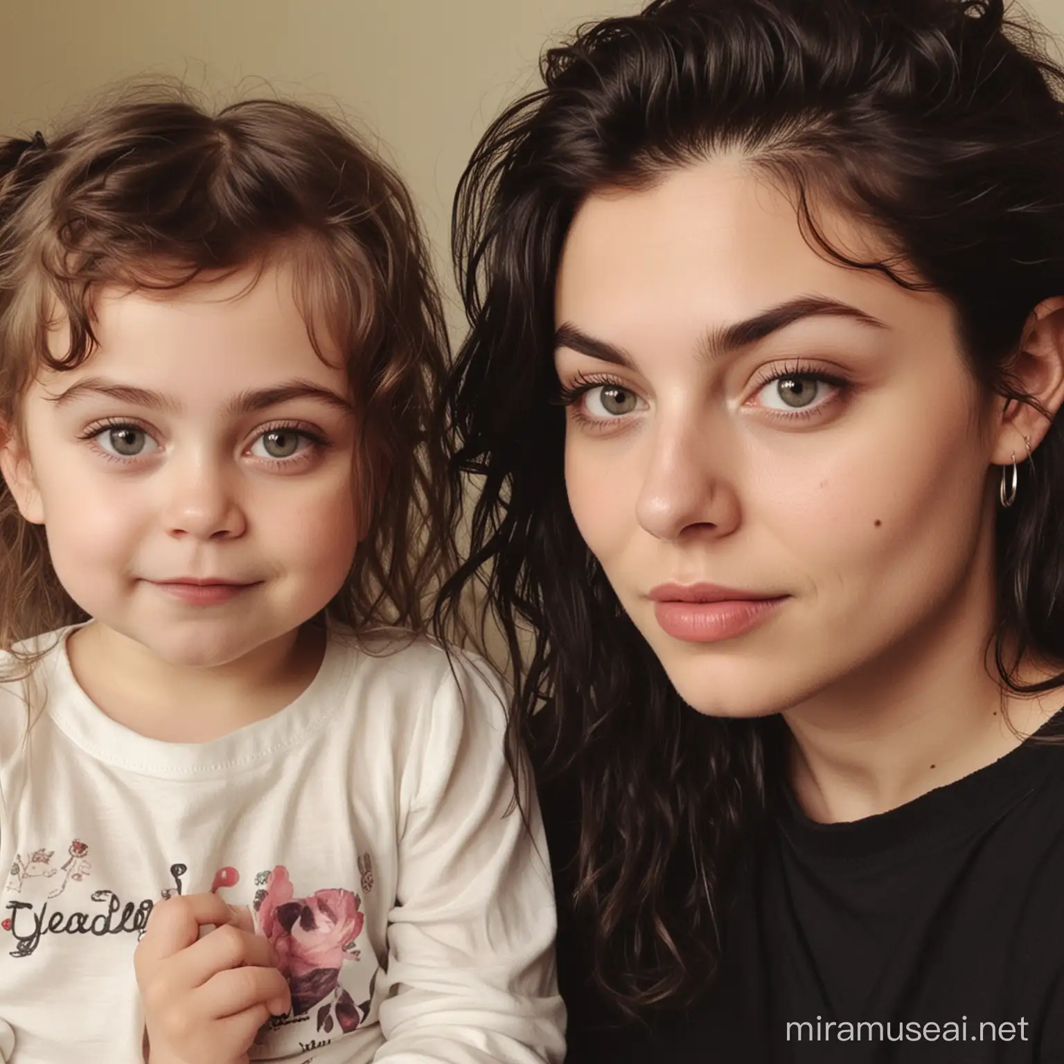A three year old girl, she has dark curly hair, she looks Harry Styles and Frances bean Cobain,  she is next to her mother