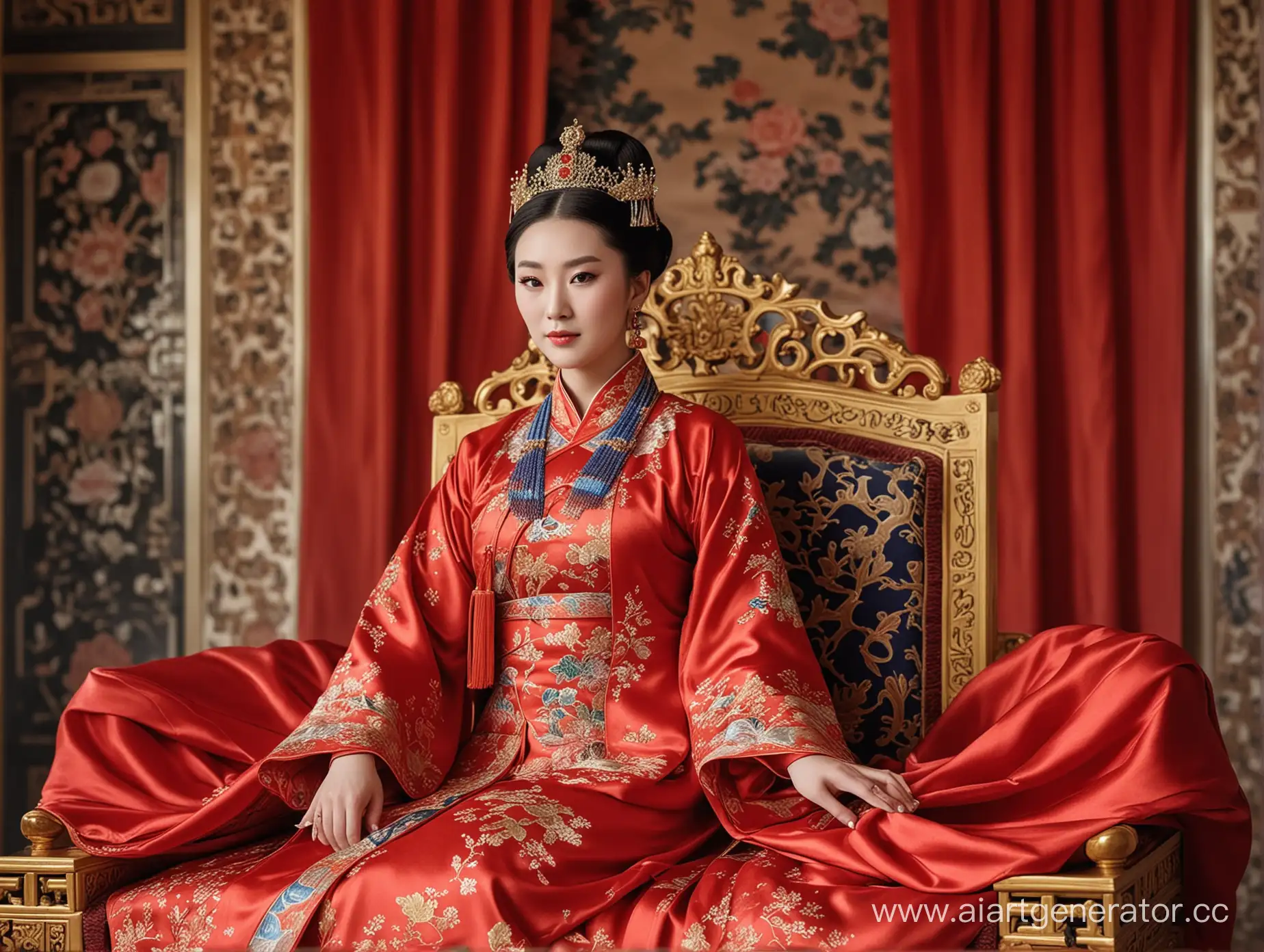 Императрица Китая 25 лет. Сидит на троне во дворце, в ярко красном шелковом пышном китайском платье . art