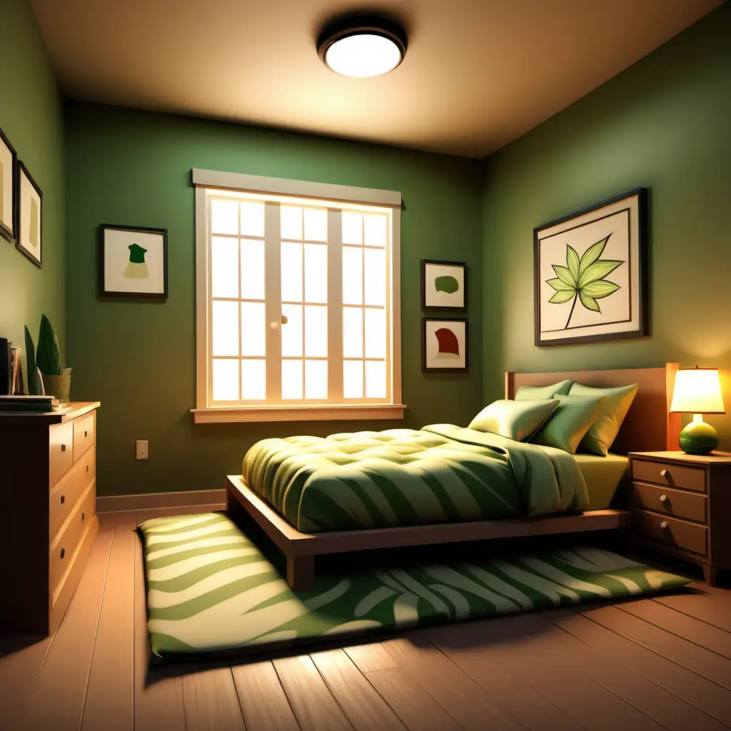 bed room, 1 windows, no door, floor pillow, lamp, night stand, large bed higher off the floor, green and tan colors, digital cartoon