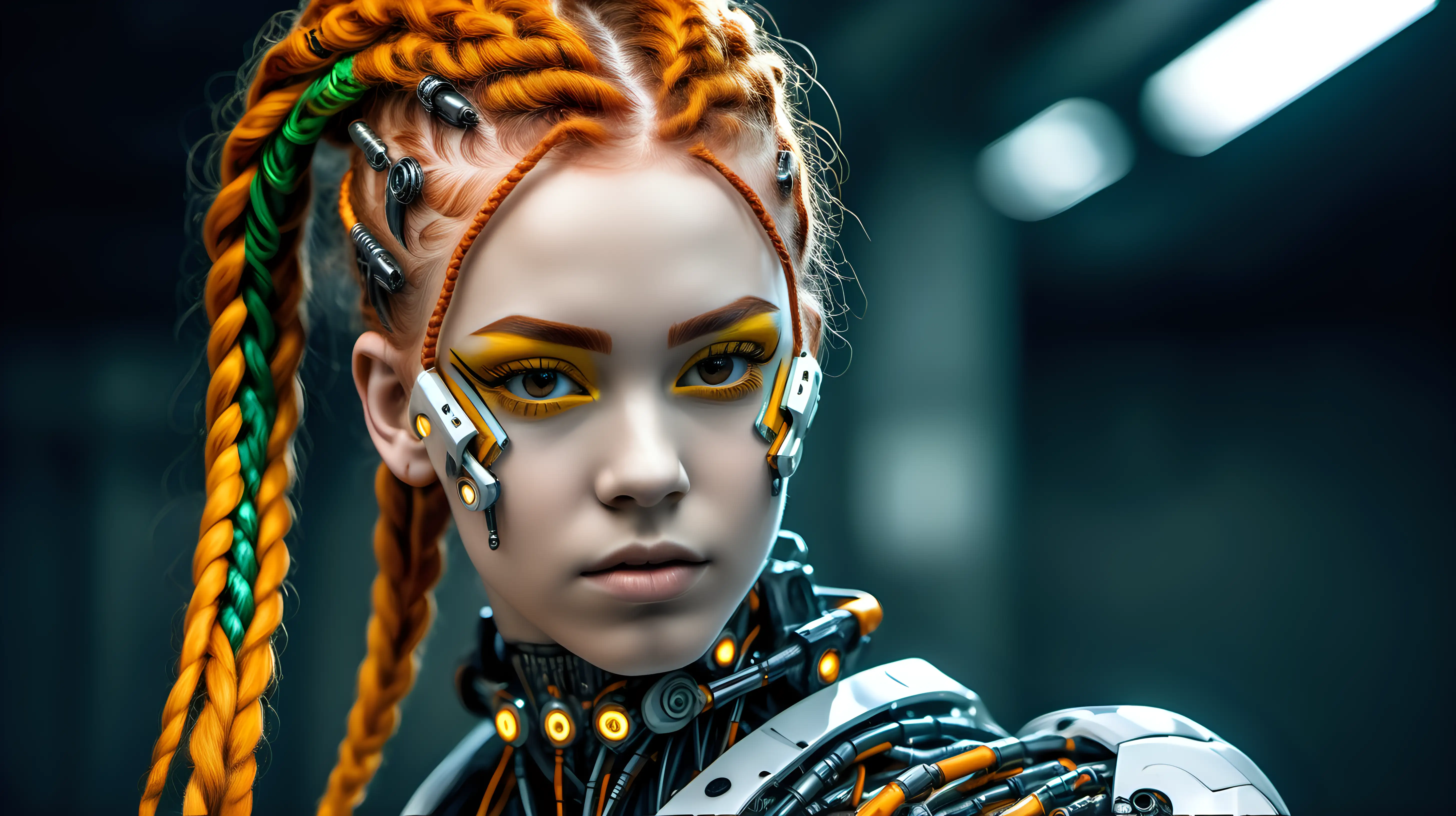 Gorgeous cyborg woman, 18 years old. She has a cyborg face, but she is extremely beautiful. Wild hair, futuristic braids. Orange braids, yellow, braids, green braids, black braids. Many braids. European cyborg woman, white woman cyborg. With a gorgeous cyborg man, 18 years old, same style.