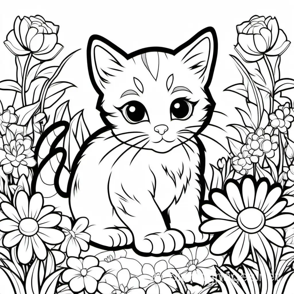 Adorable-Kitten-Surrounded-by-Blooms-Coloring-Page