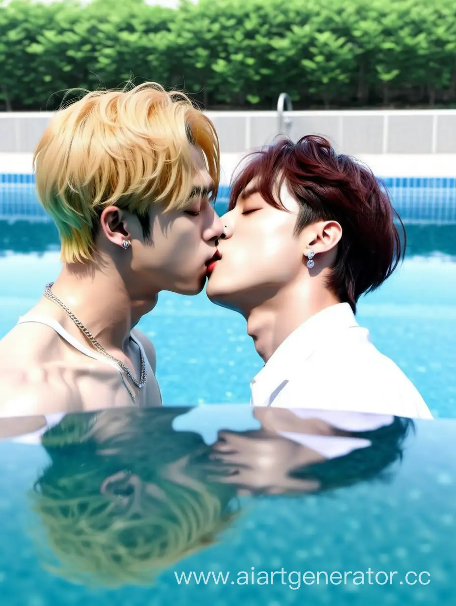 BTS members Jeon Jungkook and Park Jimin having kiss beside a crystal clear pool