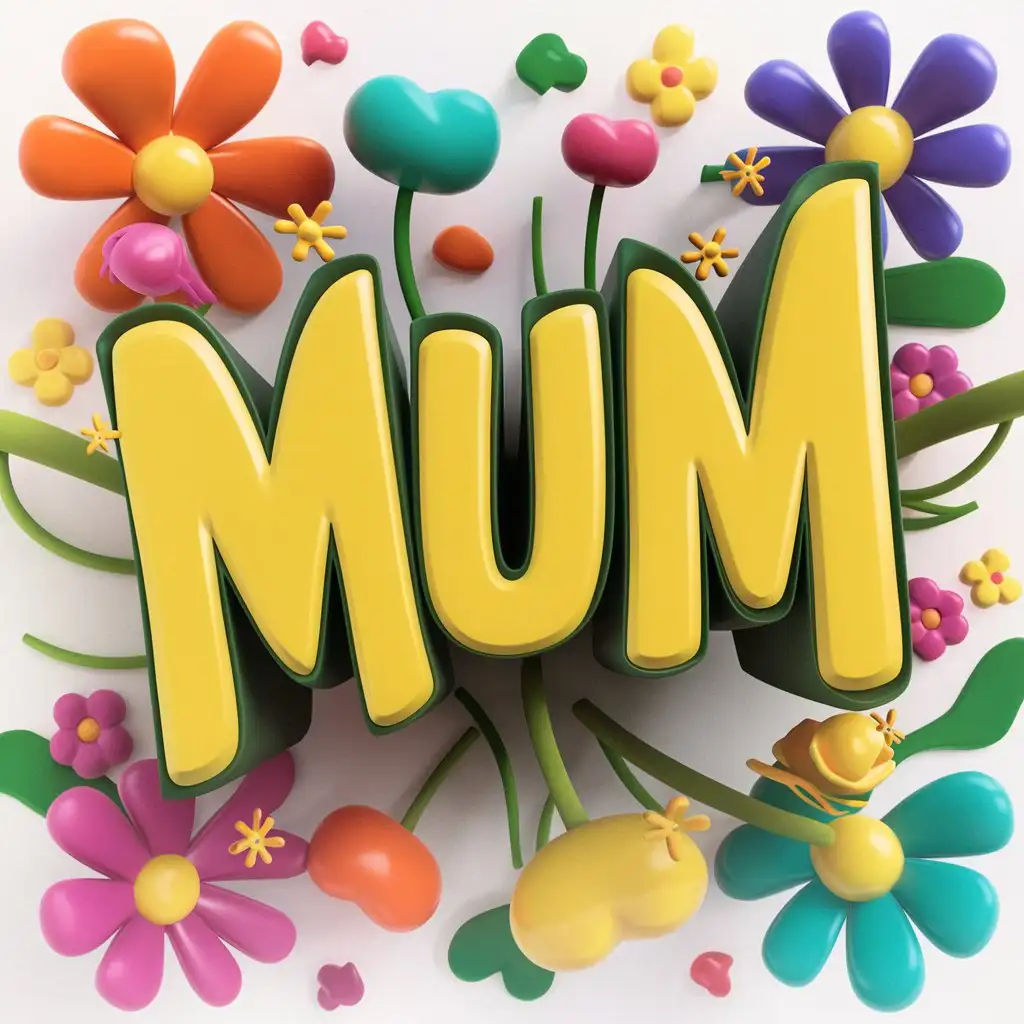 The name in 3d: "Mum!” , whimsical flower images surrounding the words, cartoon 3d render, cinematic, typography v0.2, illustration, cinematic, typography, 3d render lots of bright colours