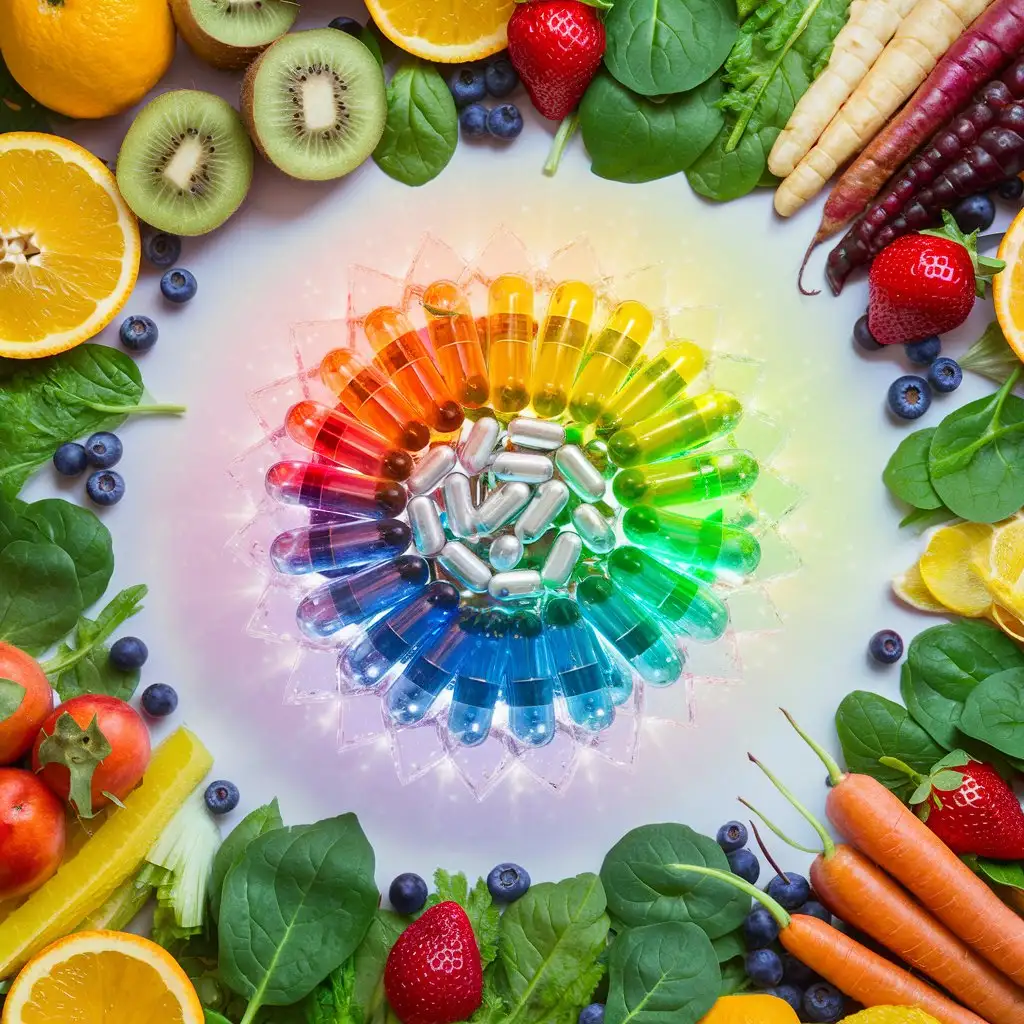 A colorful burst of vitamin E capsules, surrounded by various fruits and vegetables known for their immune-boosting properties.