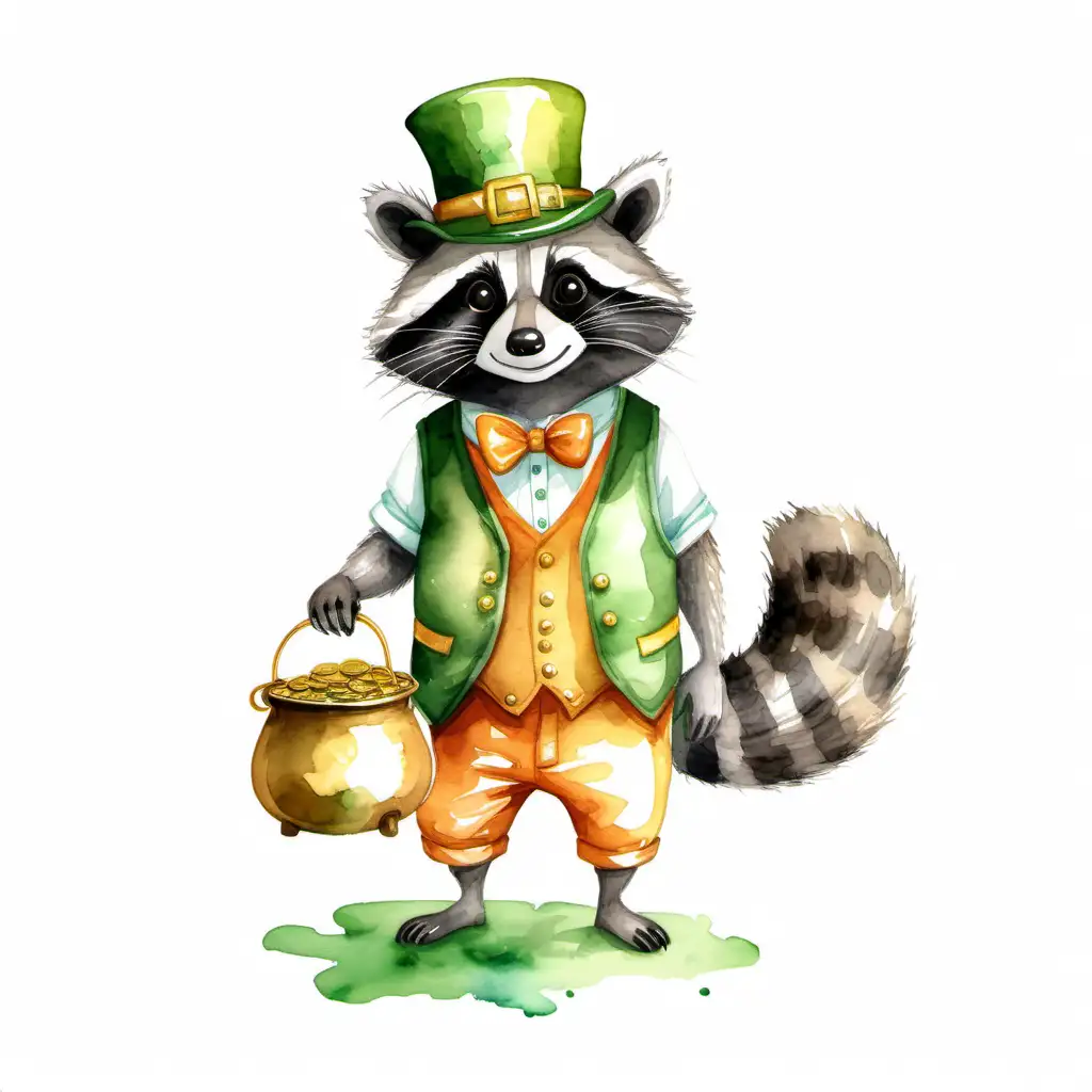 watercolor style, a leprechaun raccoon wearing a vest in next to a pot of gold on a white background.