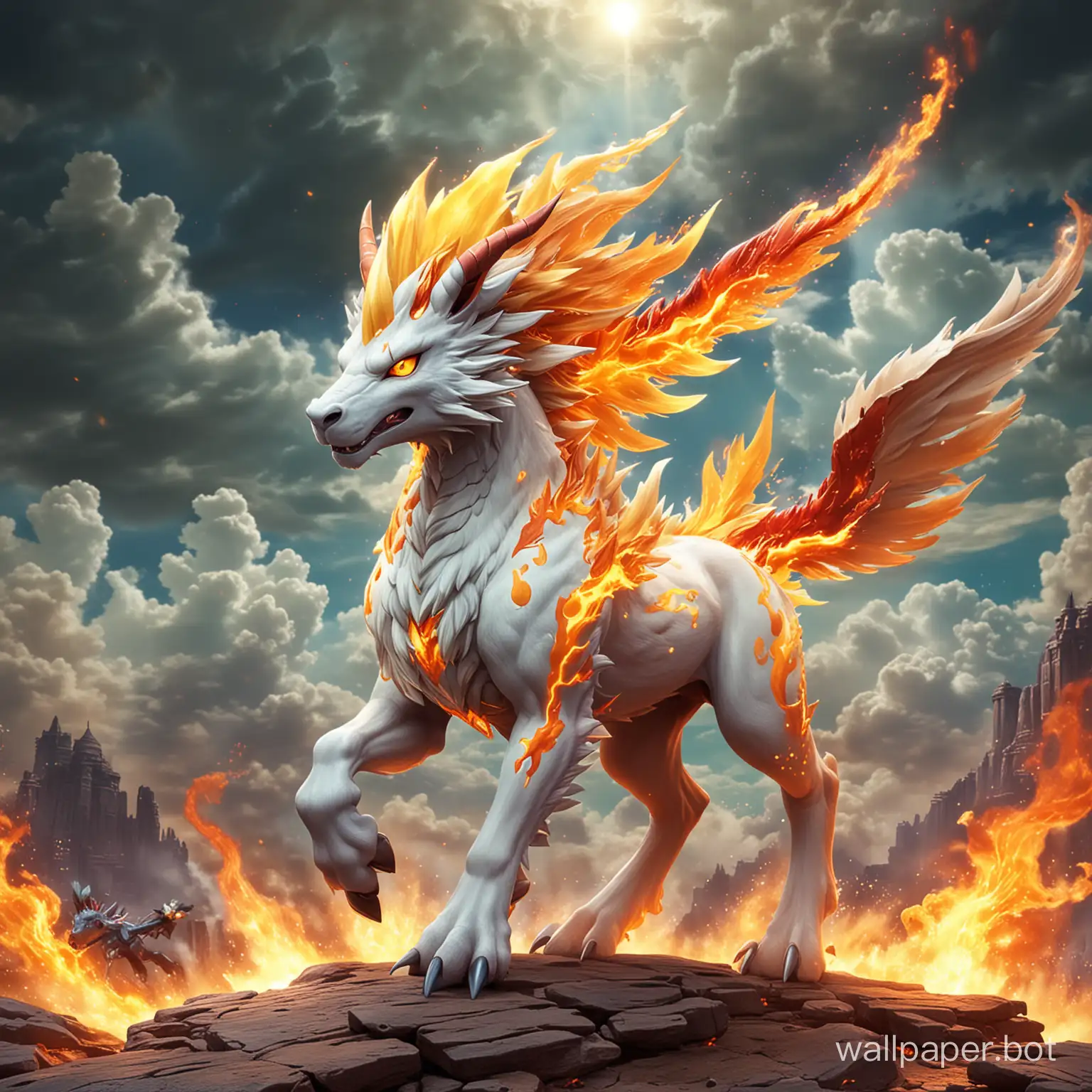 Pokemon , fire dragon type, psychic abilities , rapidash + dargonair , wide front view