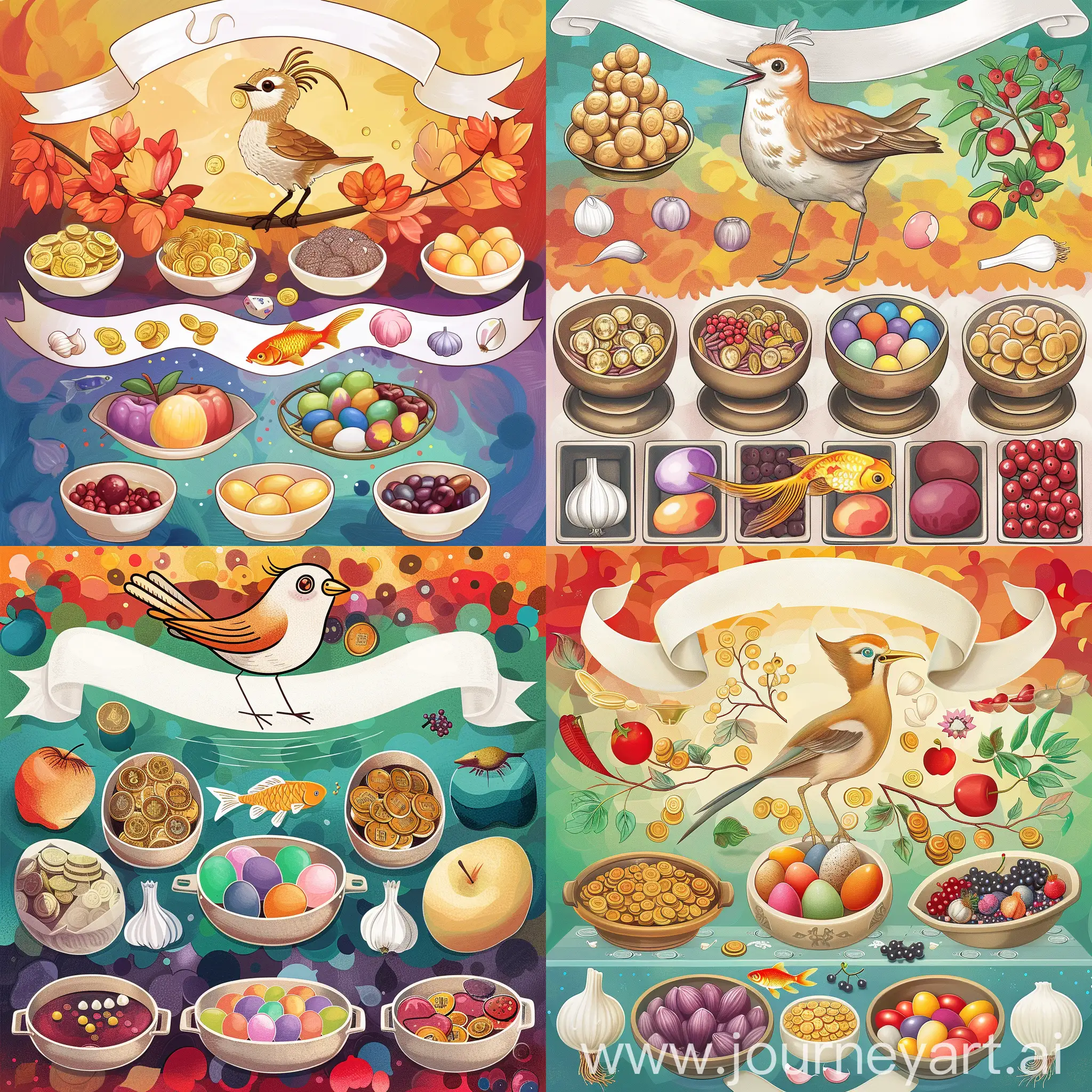 Cheerful-Cartoon-Hoopoe-Surrounded-by-Colorful-Dishes-and-Goldfish