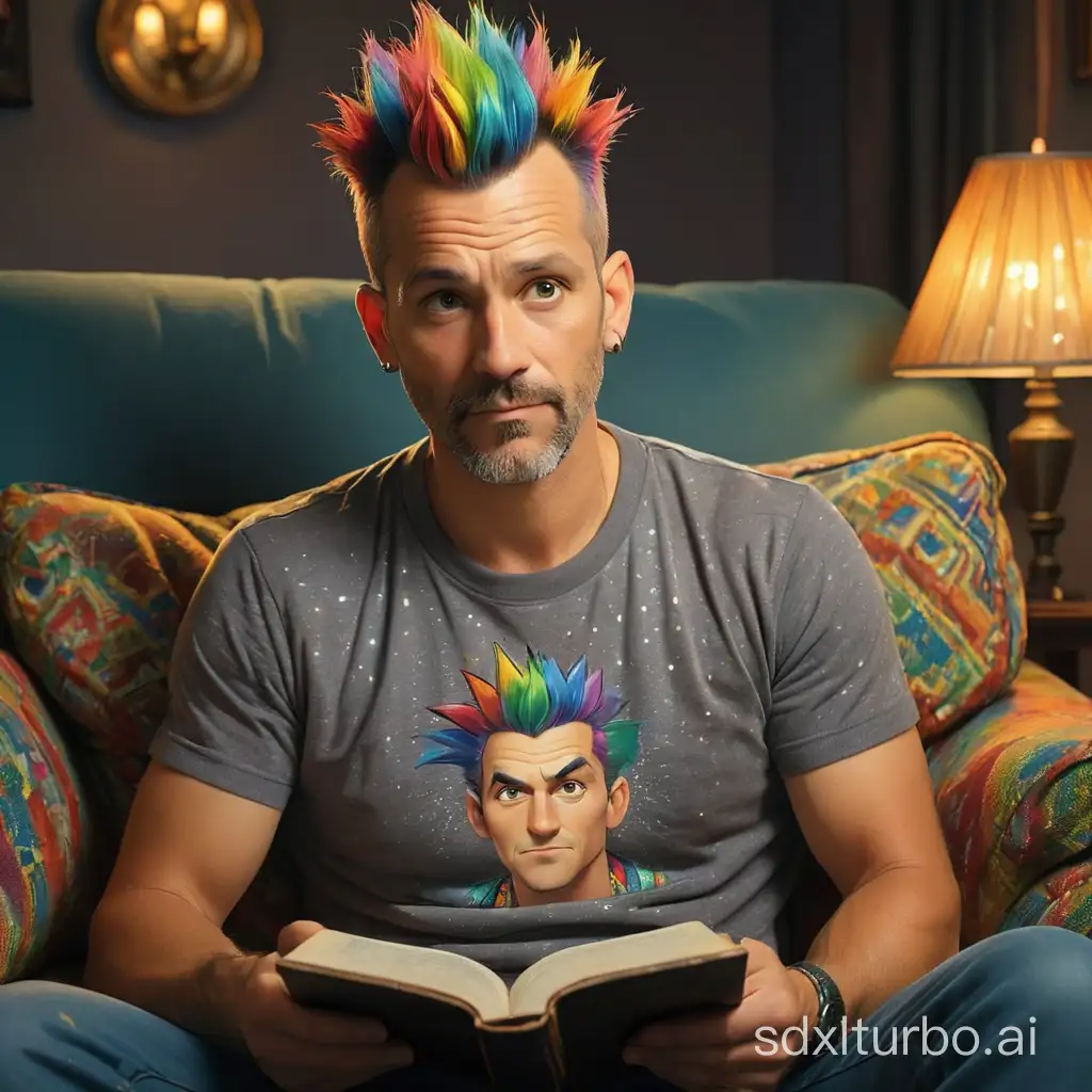 a cool charming handsome man in his 40s, with a rainbow colored mohawk, wearing a very colorful sparkling glittering disco t-shirt, lies on the couch at night and reads the bible. satirical, in the style of norman rockwell