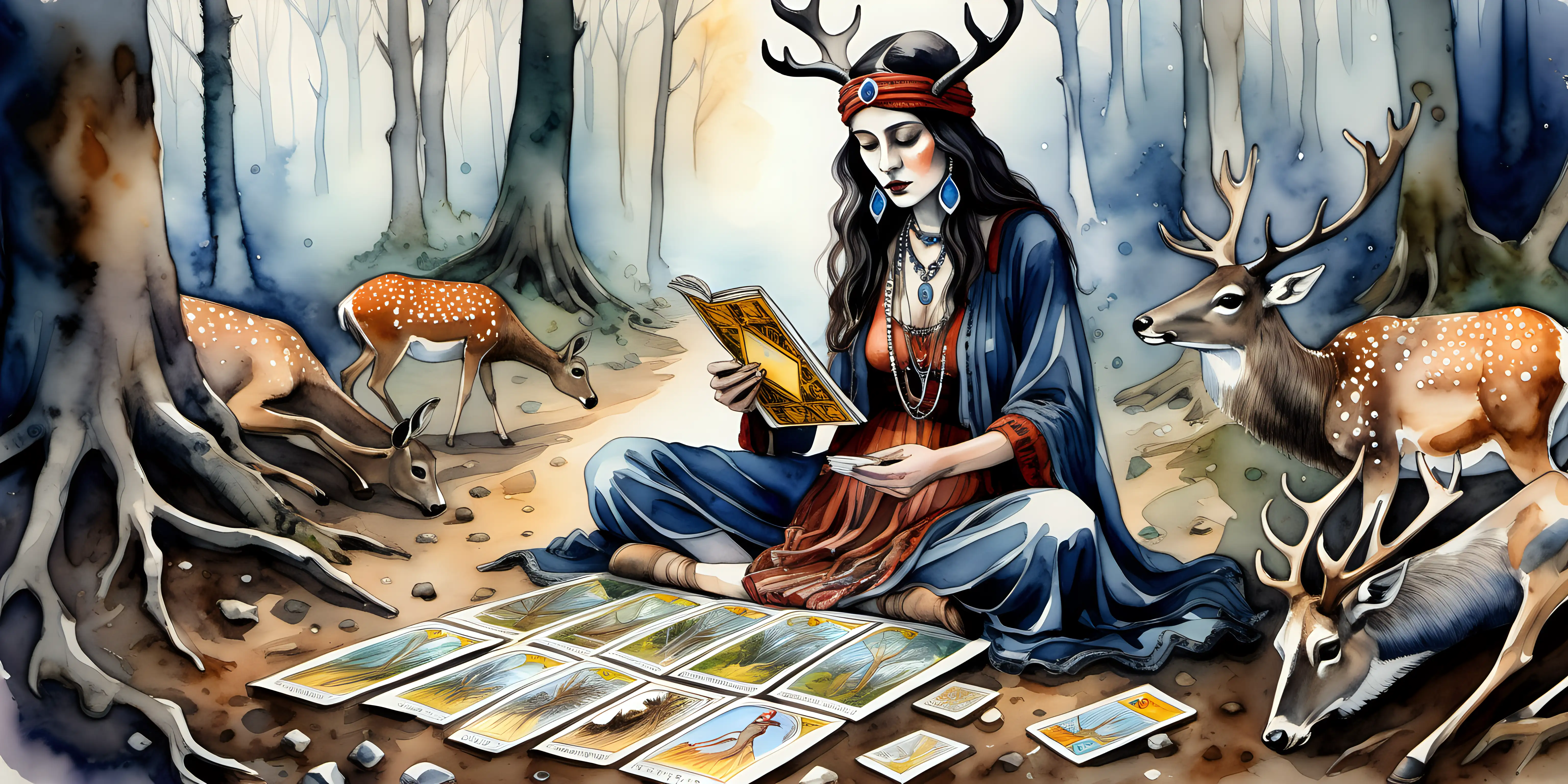 Enchanting Watercolor Art Gypsy Reading Ancient Tarot Cards in Mystical Forest