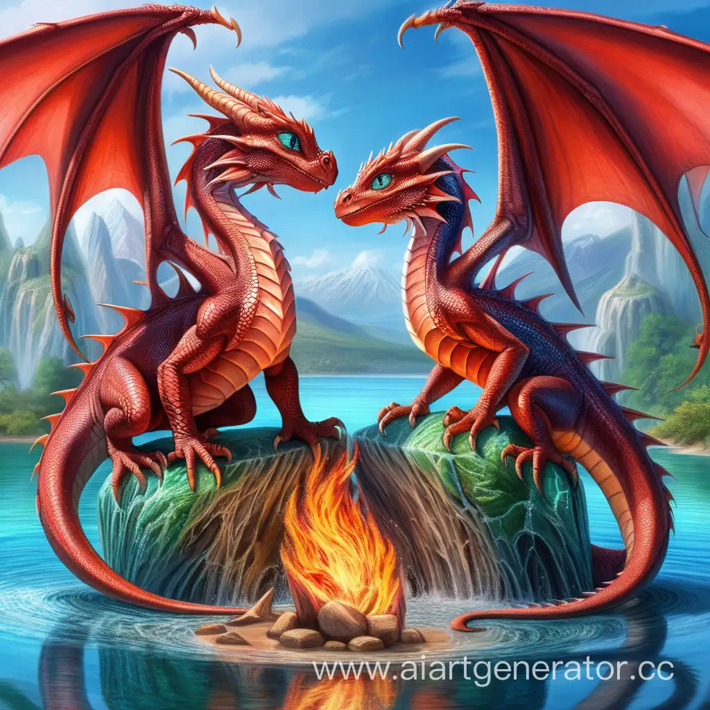 Dragons, love,couple,wings,lizards,blue,water, fire, red, flight, fantasy, big eyes, scales,beauty, complex details, high detail