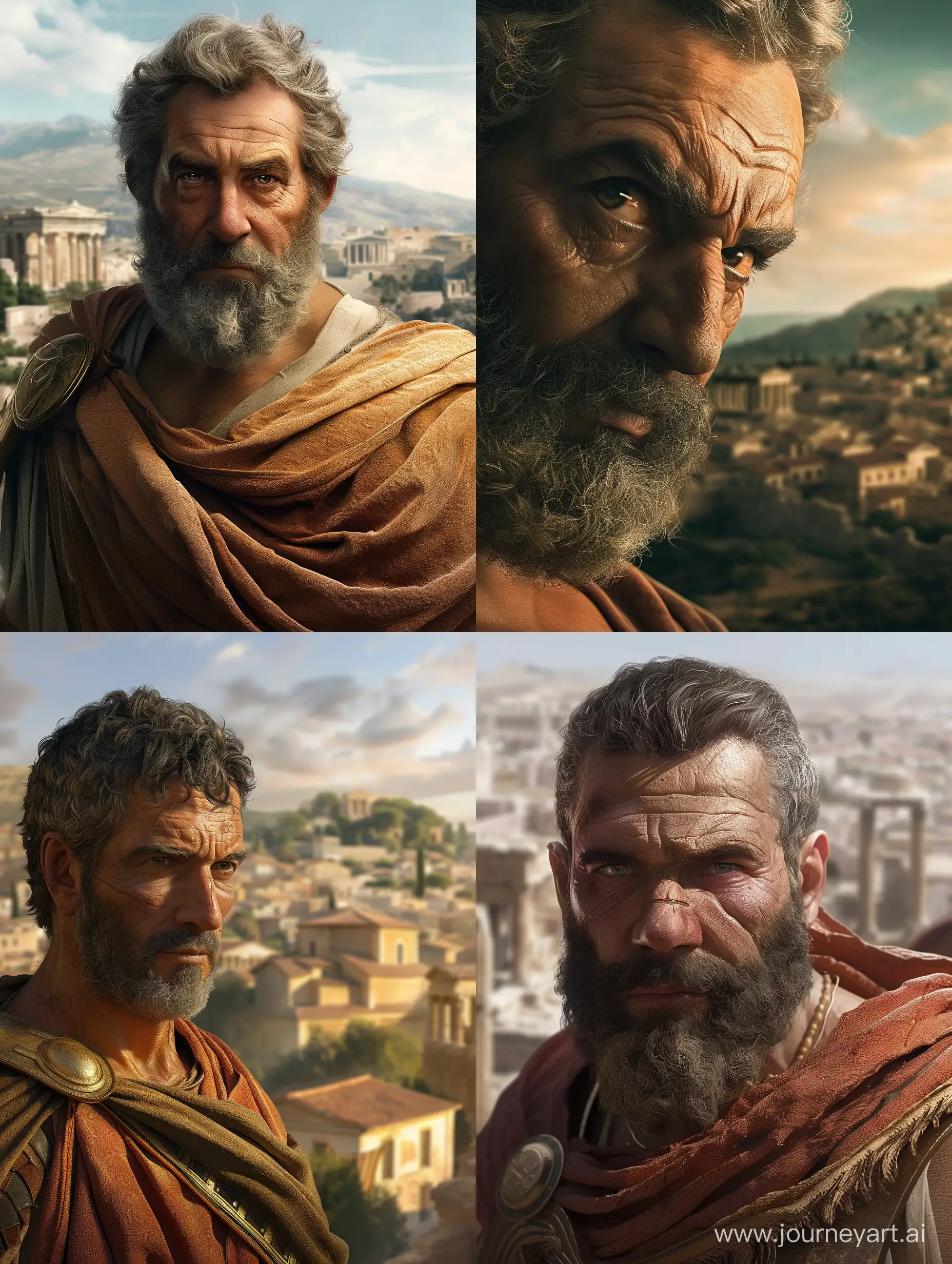 high-resolution, nah antolischer mann, römische zeit , hintergrund antike griechische stadt, 4k realistisch