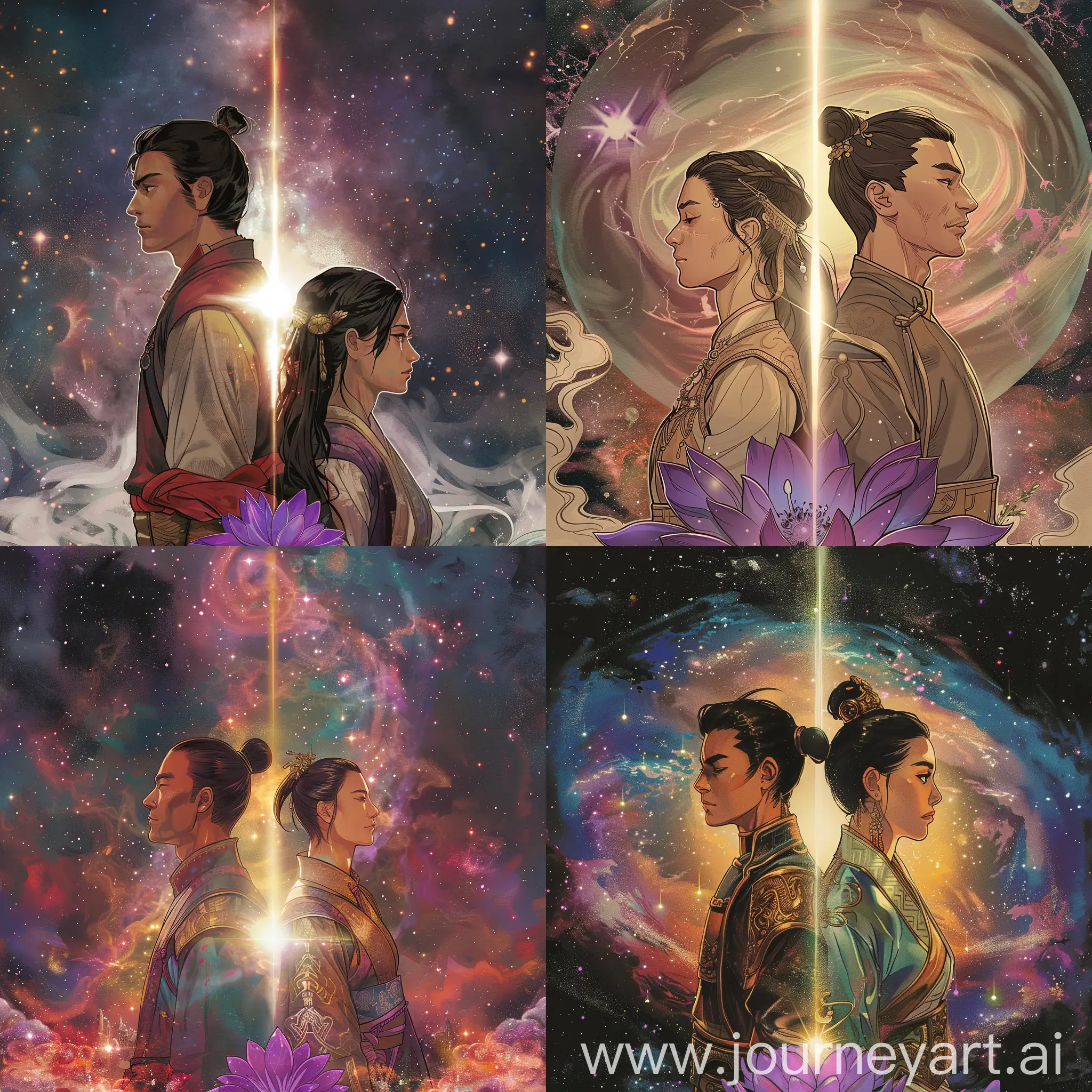 Chinese-Ancient-Younger-Warriors-Couple-in-Comic-Style-with-Interstellar-Background