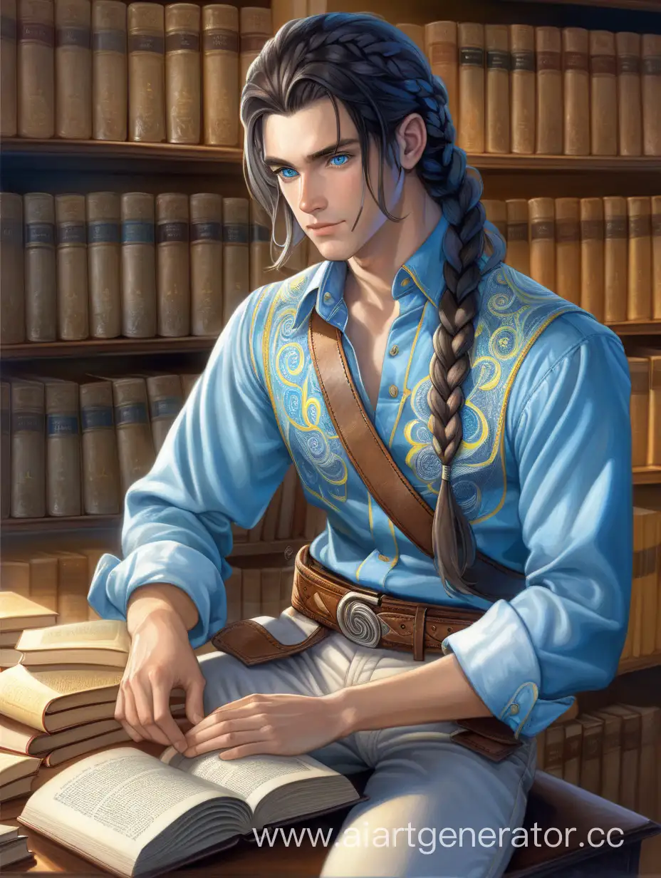 Contemplative-Young-Man-with-Elaborate-Braid-Surrounded-by-Books-in-Library