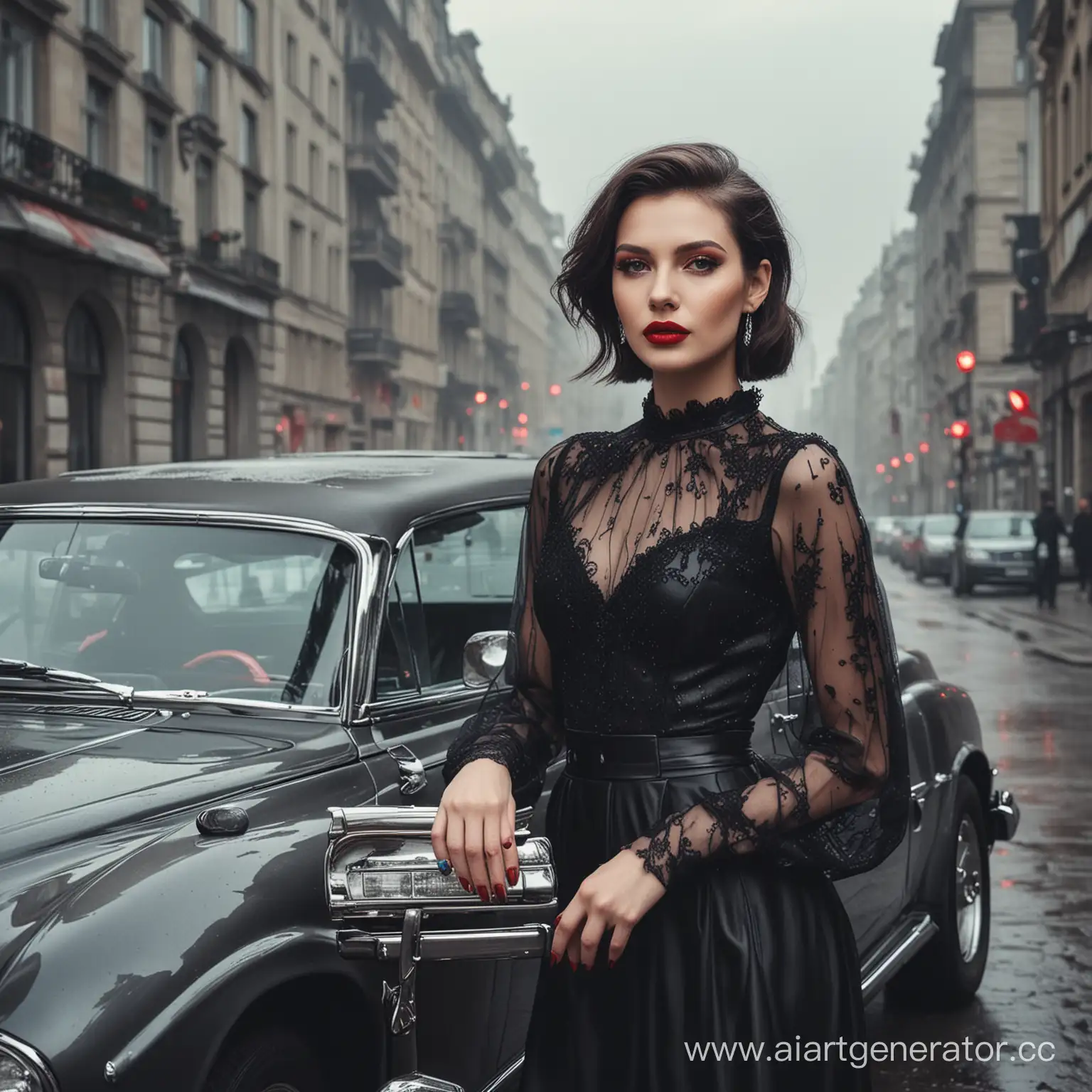 Elegant-Woman-with-Luxury-Car-Stylishly-Poised-in-Urban-Ambiance