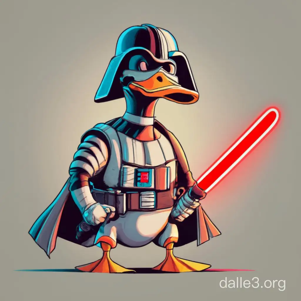 duck vader, мультяшный, высокий на белом фоне, в полный рост, красный меч