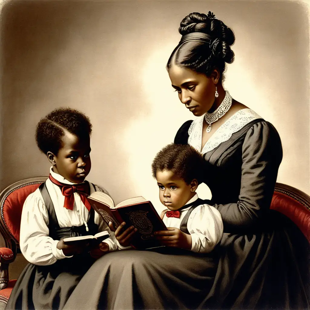 Elegant 30YearOld Black Woman from 1867 Reading to Children in Black and Red