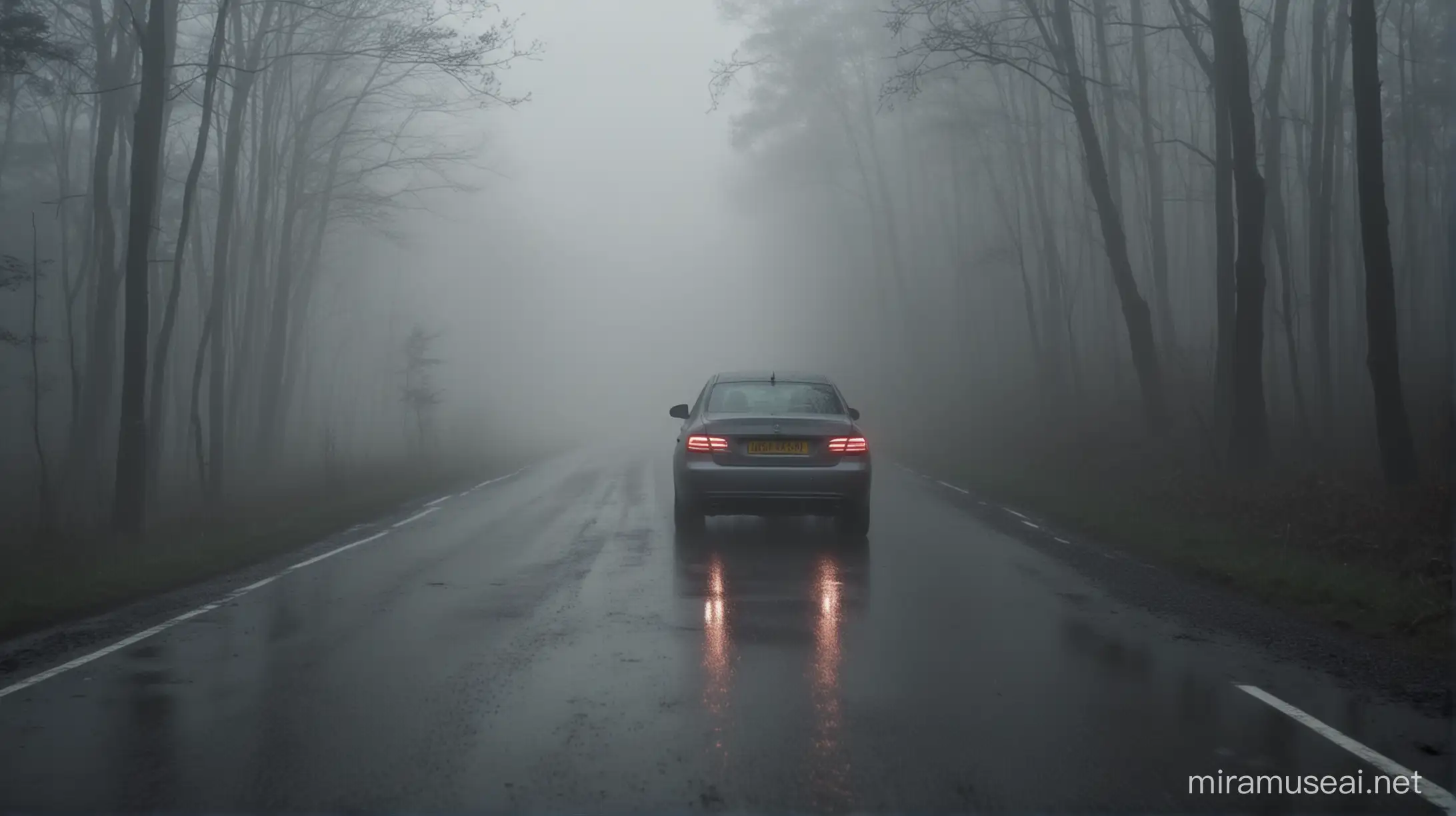 camera pulls back as the car goes through a dark misty road and another car follows