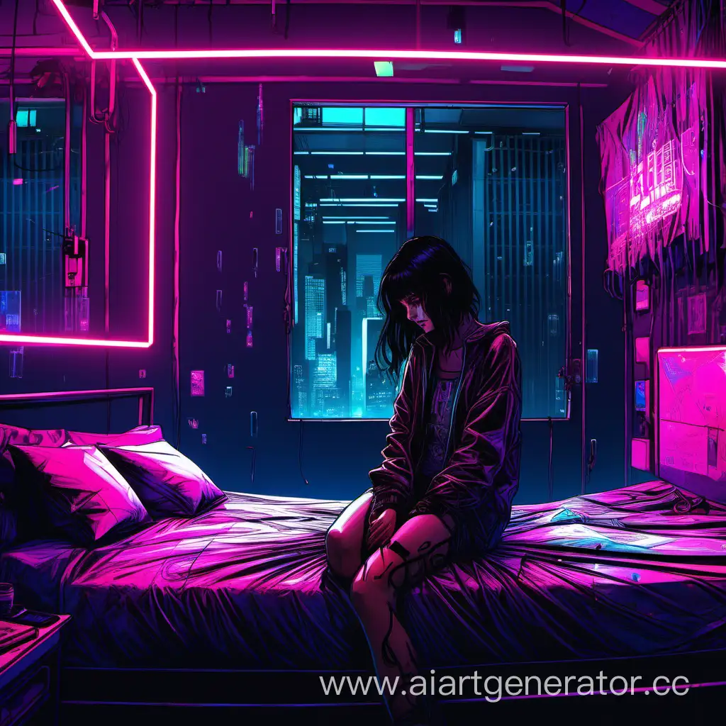 Girl-with-Dark-Hair-Crying-in-Neon-Cyberpunk-Bedroom