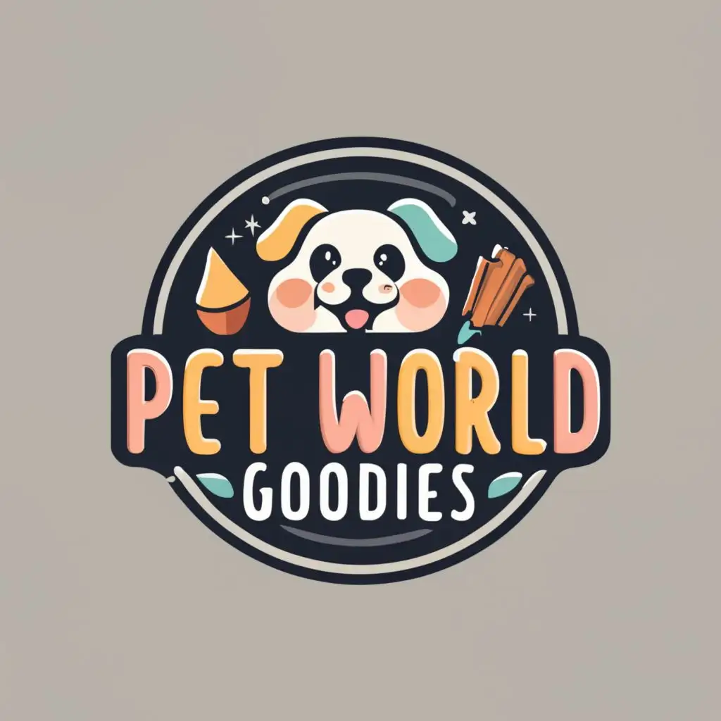logo, square, with the text "Pet World Goodies, logo, Adorable, Pastel, Rough Charcoal, Contour, Vector, White Background, Detailed", typography, be used in Animals Pets industry