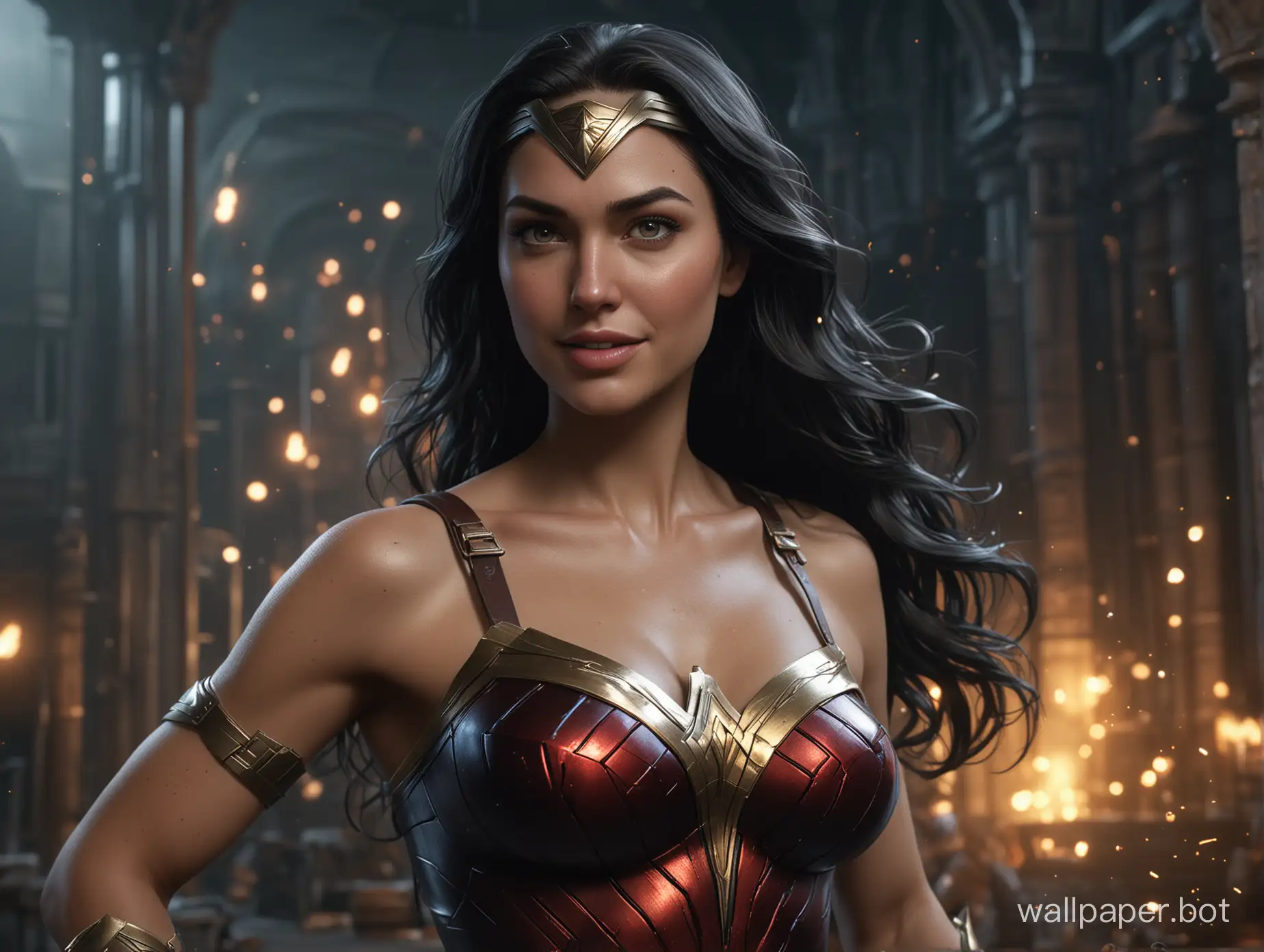 Very beautiful, Wonder Woman, amazon warrior, big natural breasts, superhero pose, smiling at the viewer, mid body shot, long black hair, vivid eyes, DC comic character, dim volumetric lighting, 8k octane beautifully detailed render, post-processing, portrait, extremely hyper-detailed, intricate, epic composition, cinematic lighting, masterpiece, very very detailed, masterpiece, stunning Detailed matte painting, deep colour, fantastical, intricate detail, splash screen, complementary colours, fantasy concept art, 8k resolution trending on Artstation Unreal Engine 5,chiaroscuro, bioluminescent, Volumetric light, auras, rays, vivid colours reflects, wonder woman, girl, WonderWaifu, photo